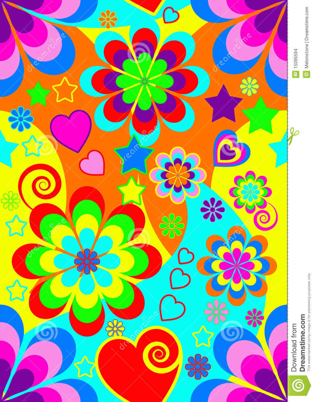 A Colorful Flower Pattern With Hearts And Stars Background