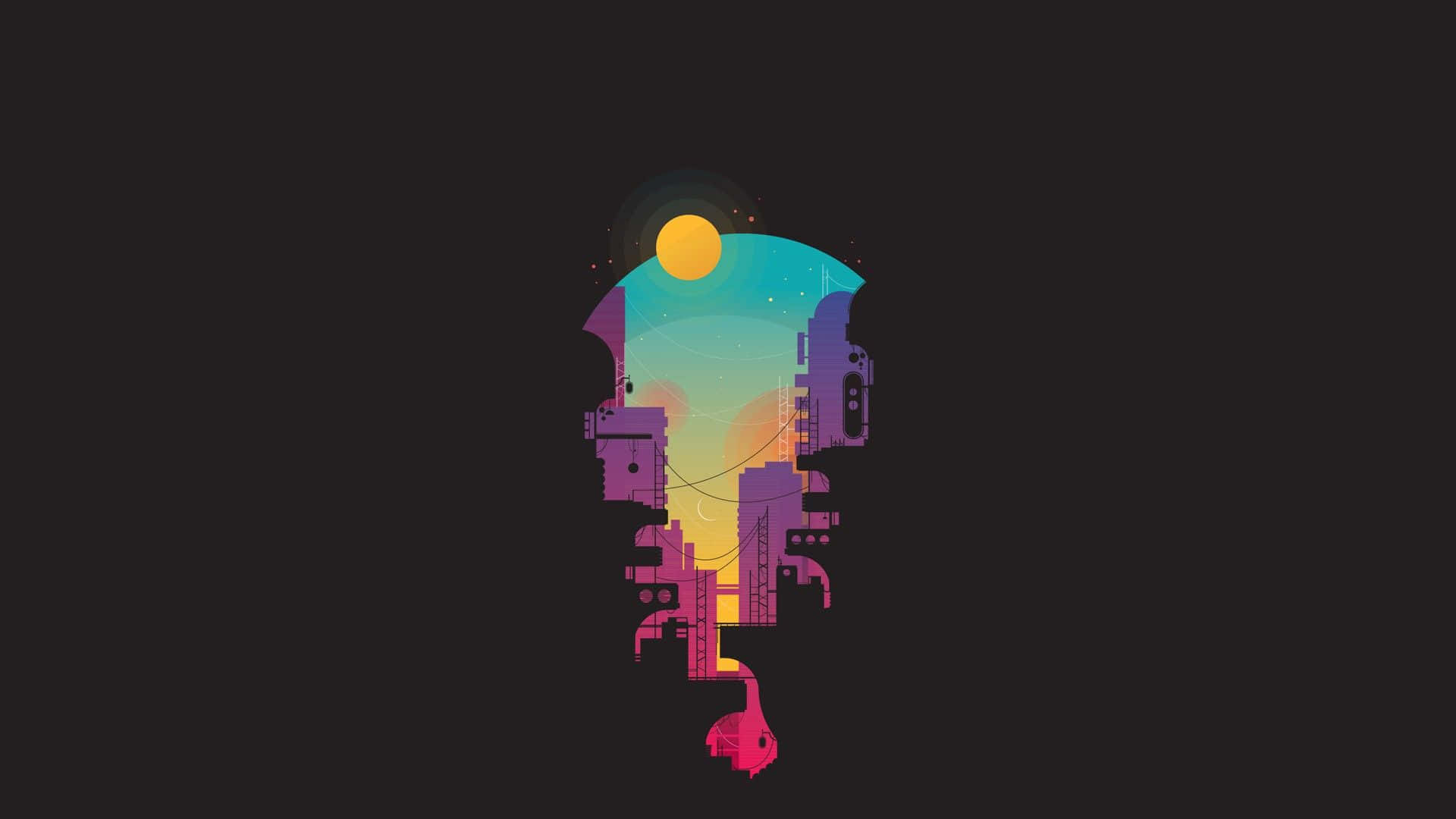 A Colorful Illustration Of A City With A Rainbow Sky