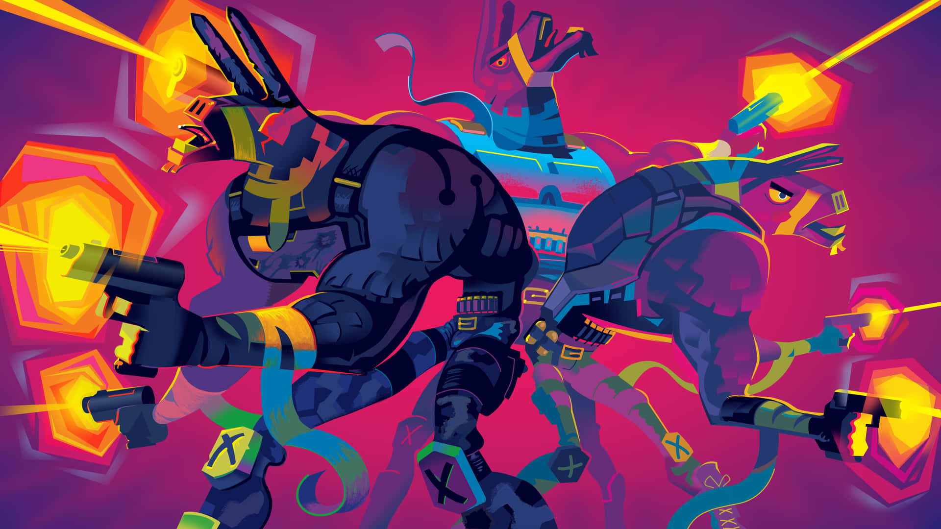 A Colorful Illustration Of A Man With A Gun Background