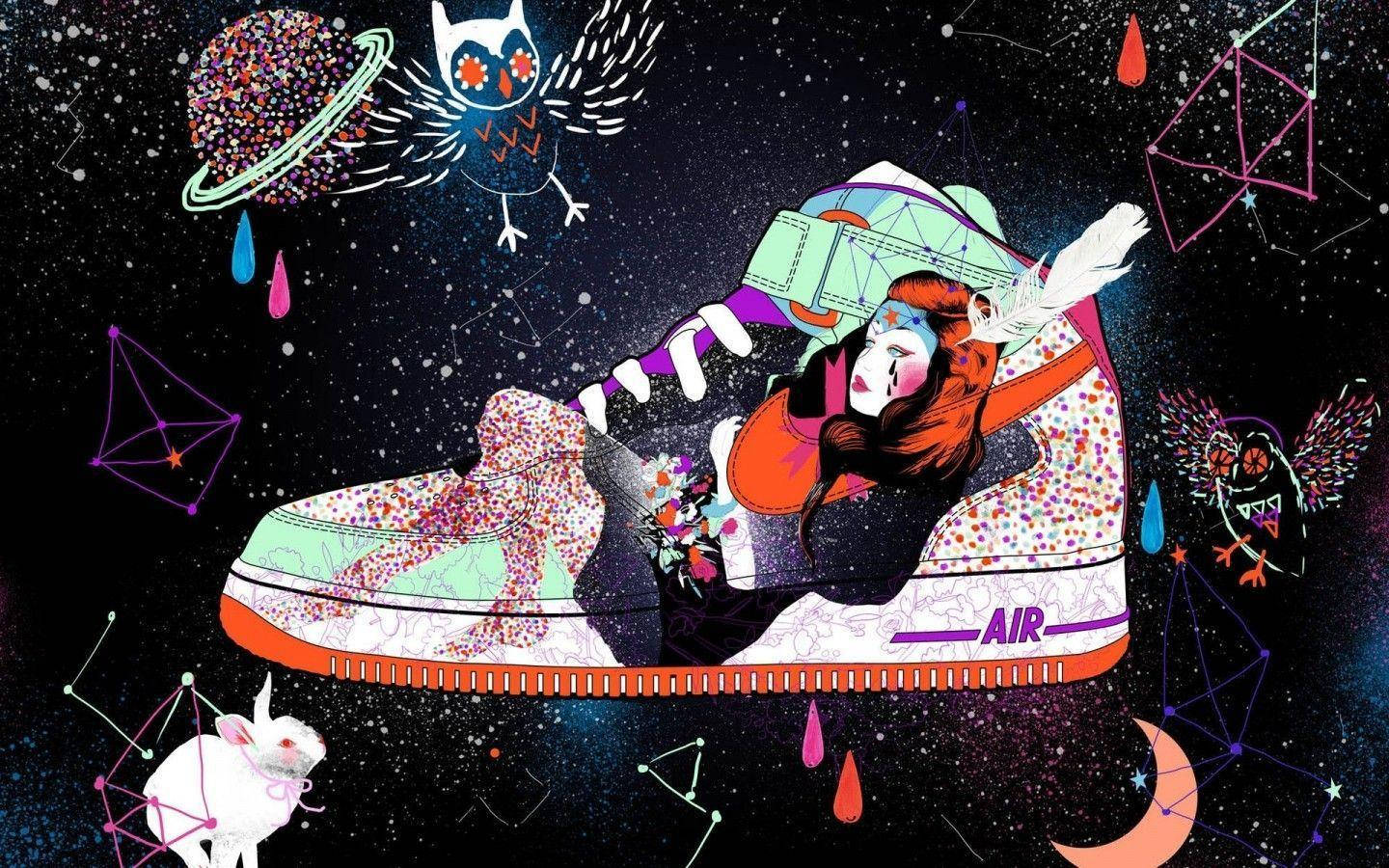 A Colorful Illustration Of A Sneaker With A Cat And Stars