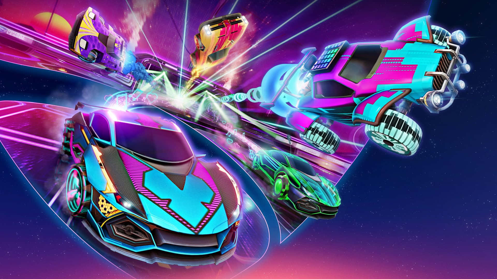 A Colorful Image Of A Racing Game With Cars Flying Around Background