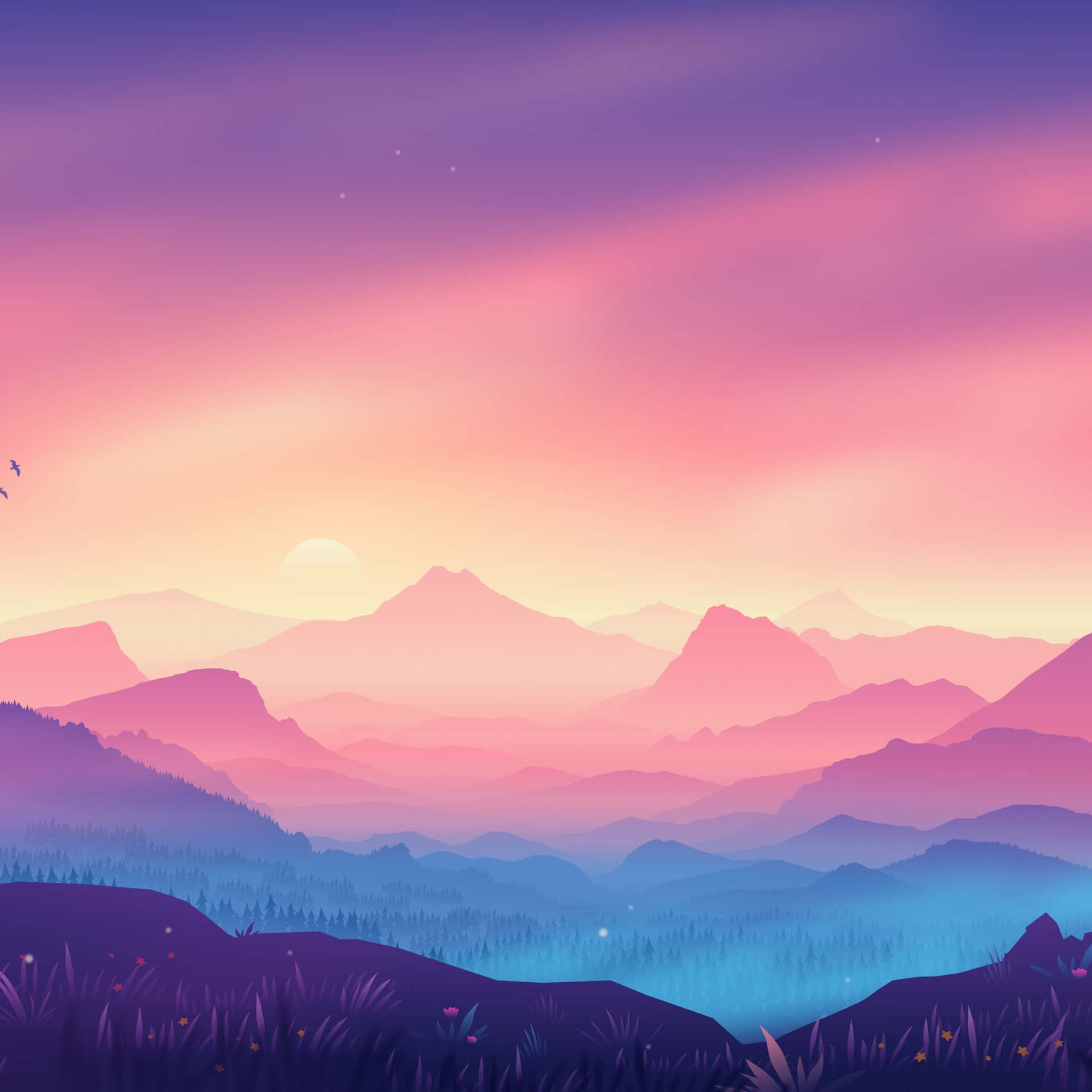 A Colorful Landscape With Mountains And Birds