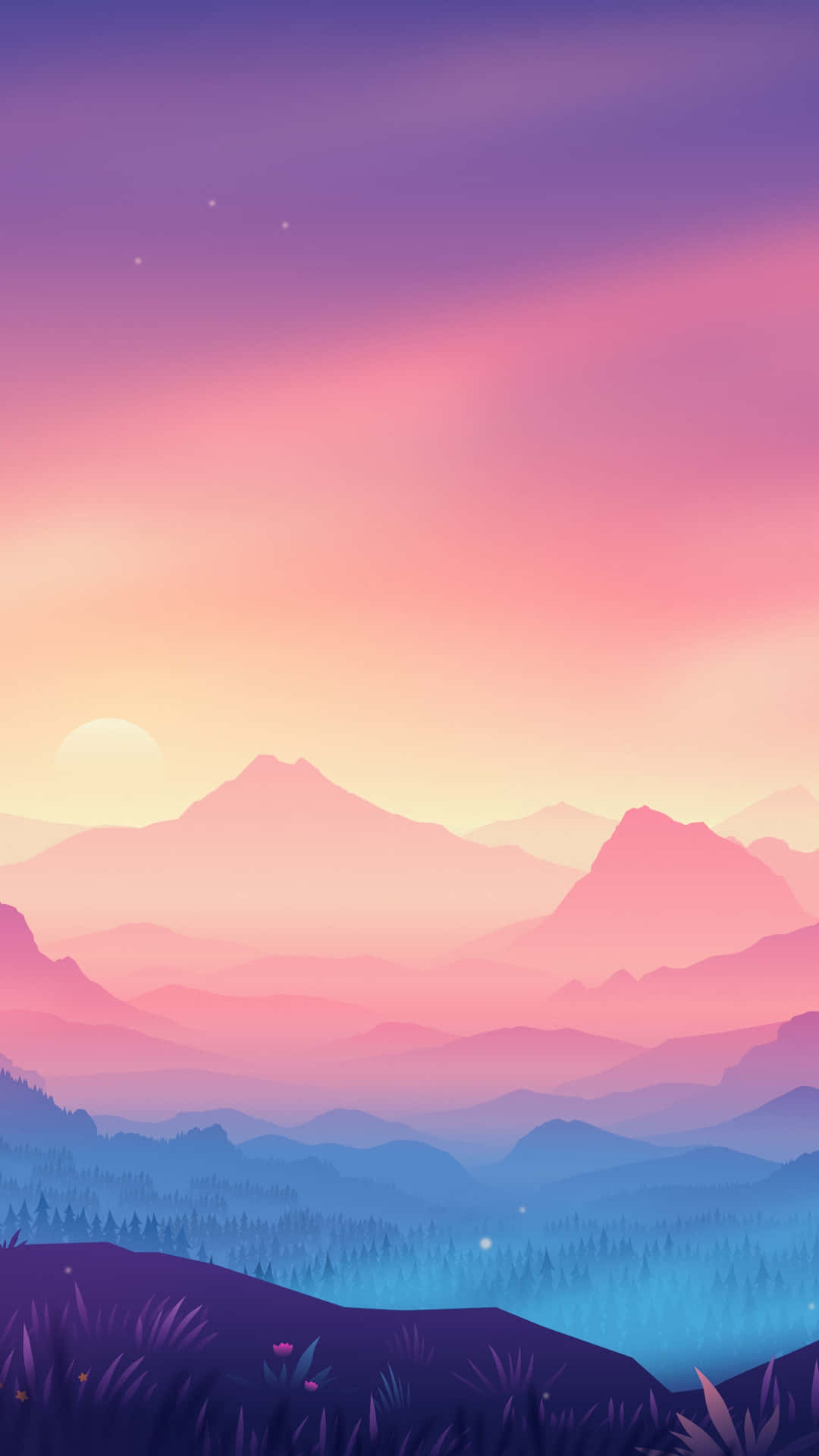A Colorful Landscape With Mountains And Trees Background