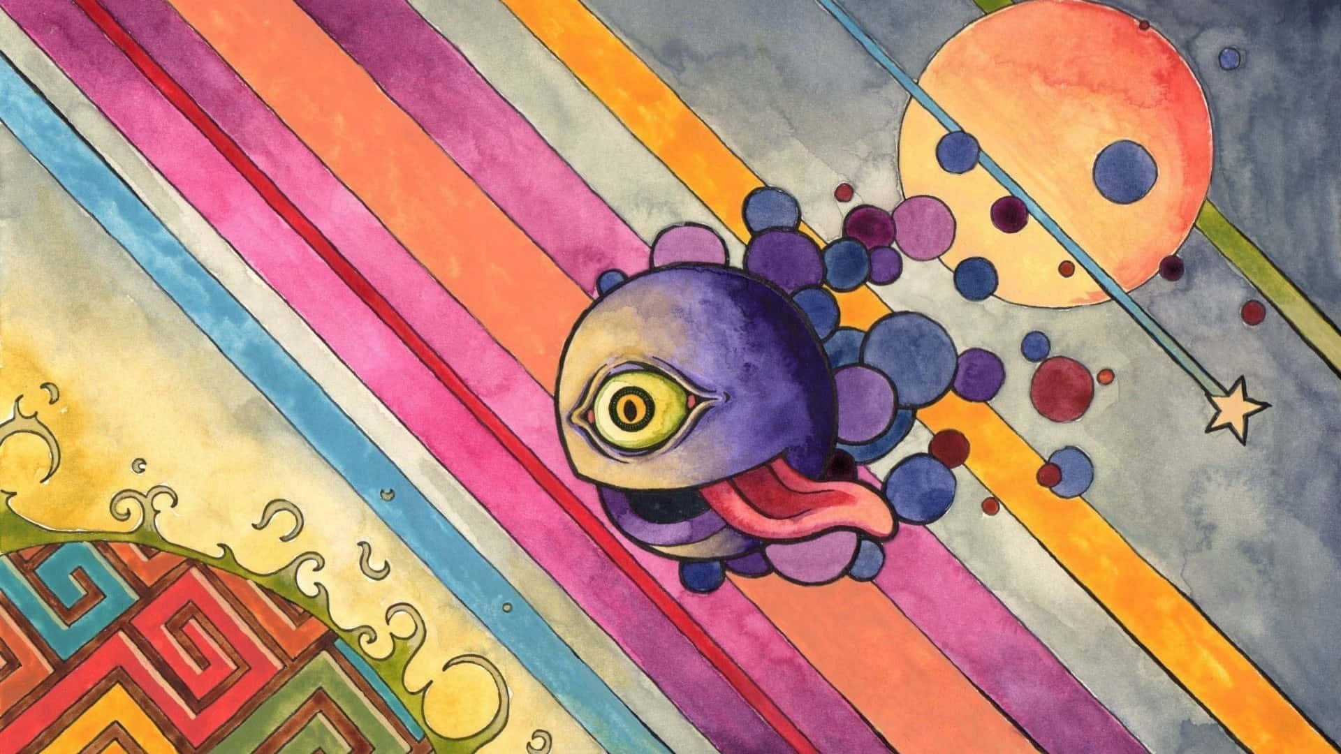 A Colorful Painting Of A Cartoon Alien With A Colorful Background Background