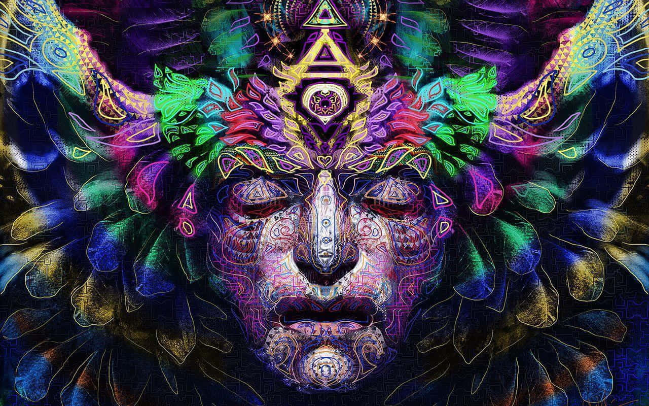 A Colorful Painting Of A Demon With Feathers Background