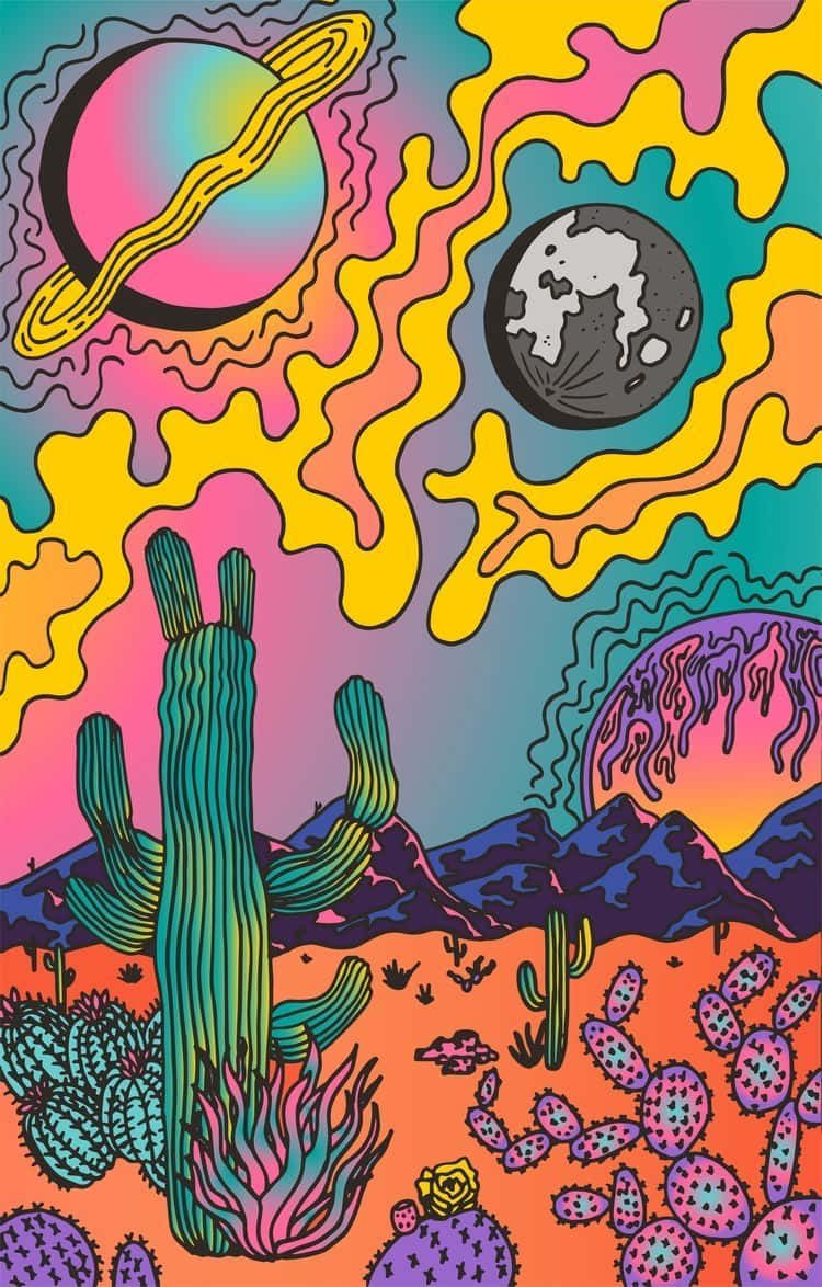 A Colorful Painting Of A Desert With Cactus And Planets Background