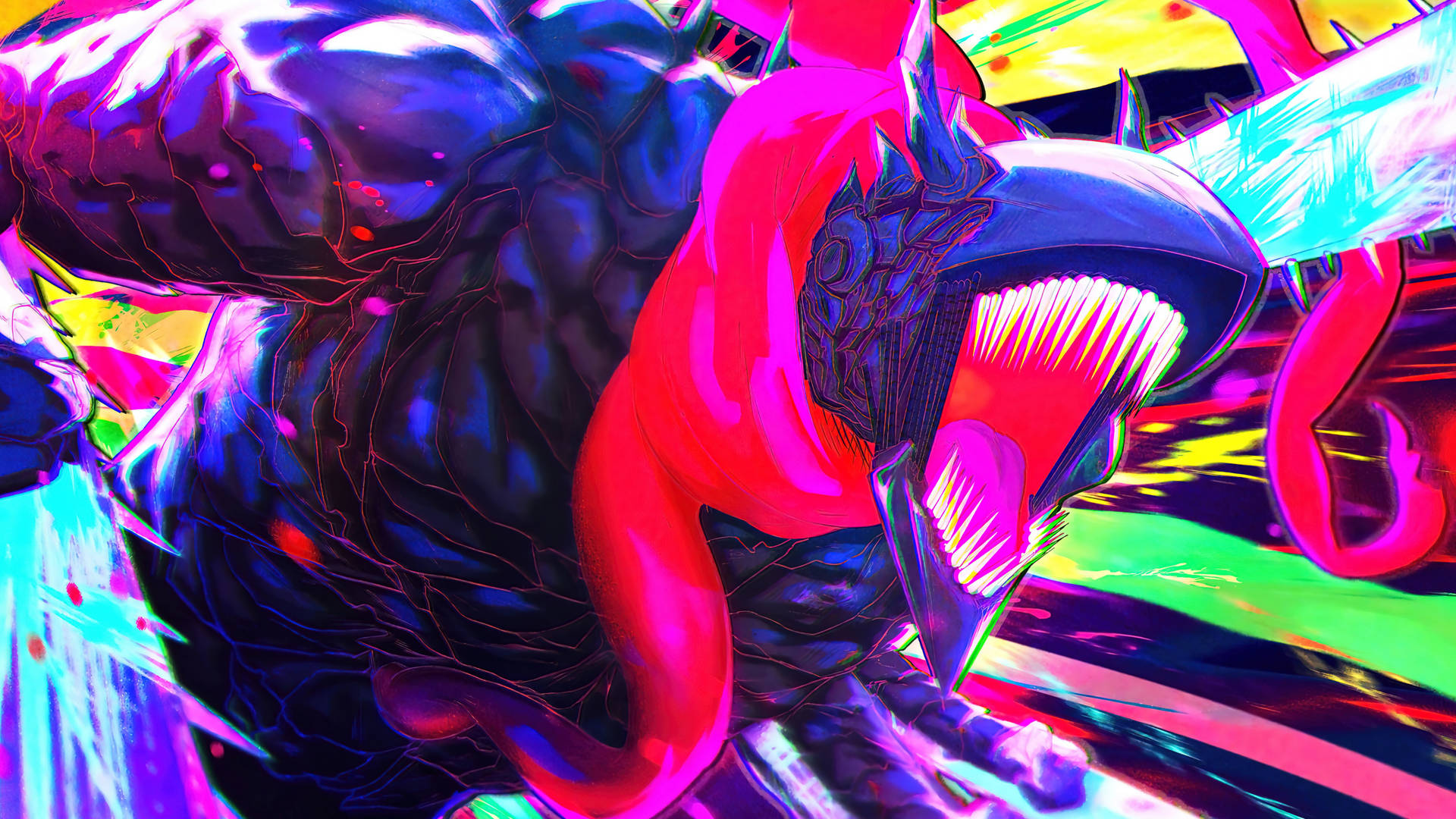 A Colorful Painting Of A Venom With A Sword Background