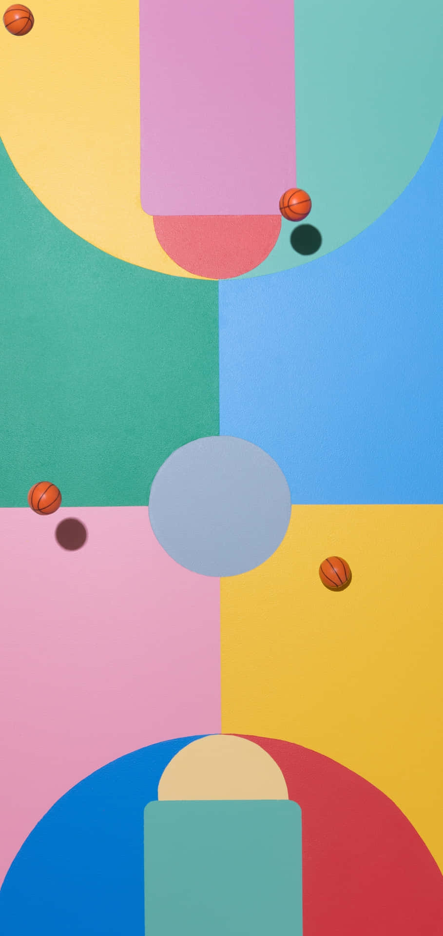 A Colorful Painting With A Basketball Court And Balls Background