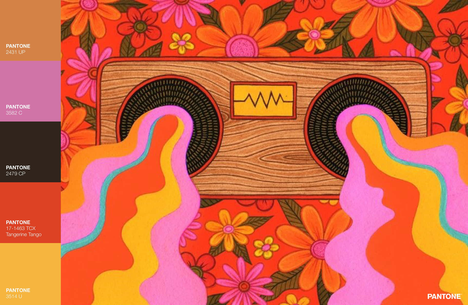 A Colorful Palette With A Radio And Flowers Background