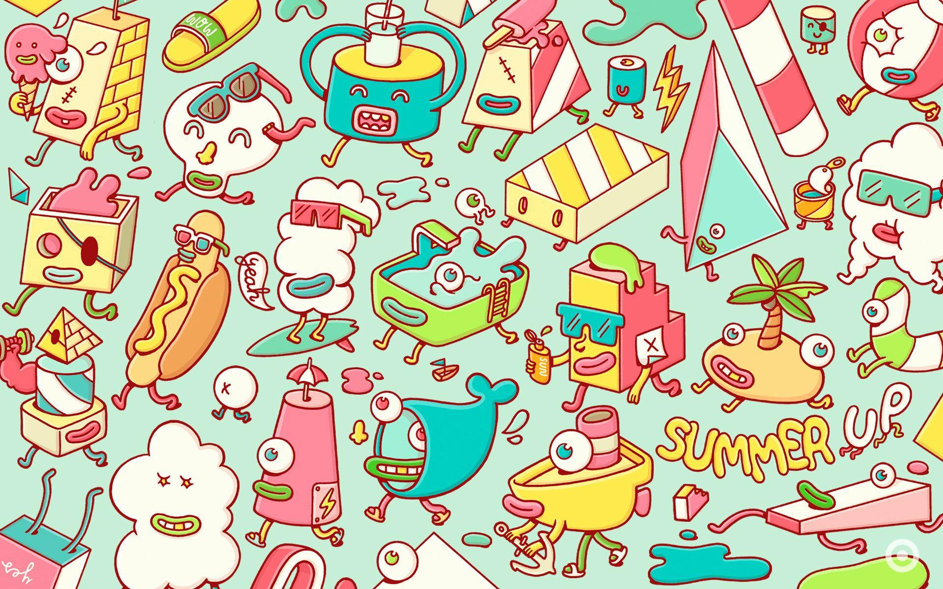 A Colorful Pattern Of Cartoon Characters Background
