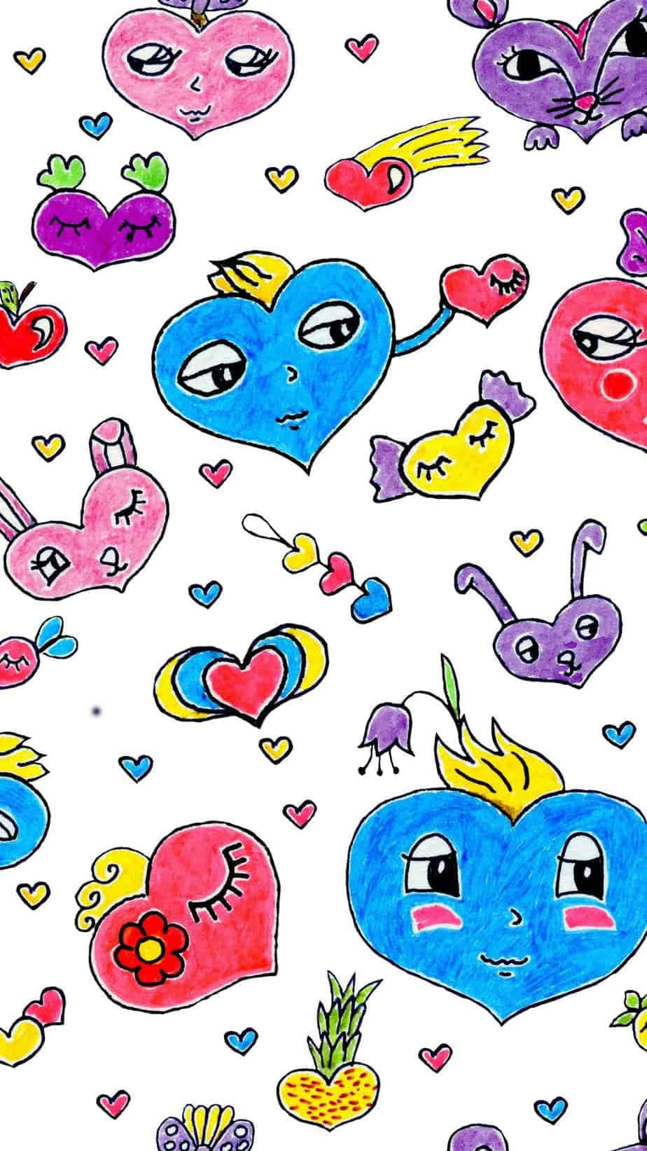 A Colorful Pattern Of Hearts And Flowers Background