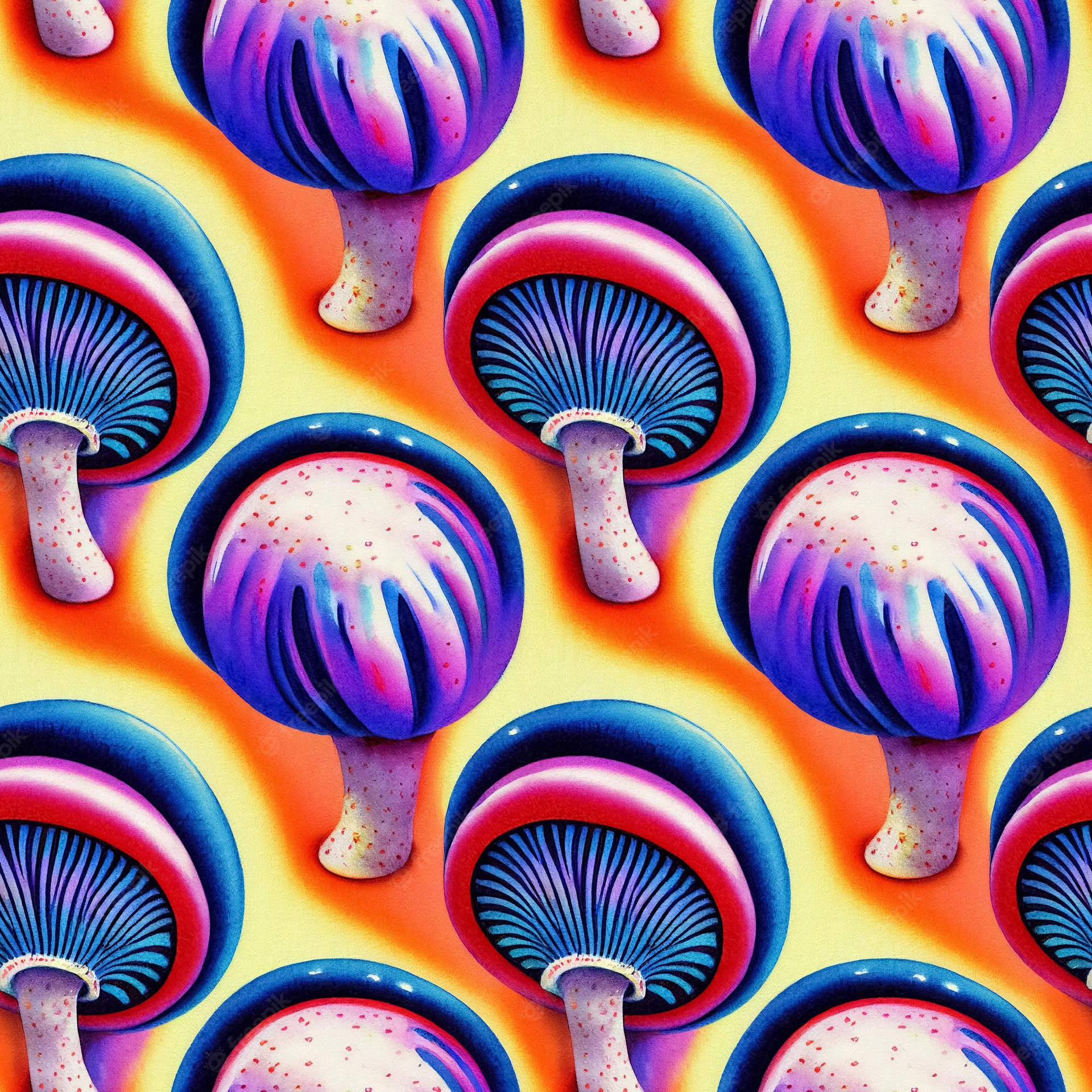 A Colorful Pattern Of Mushrooms On A Yellow Background Background