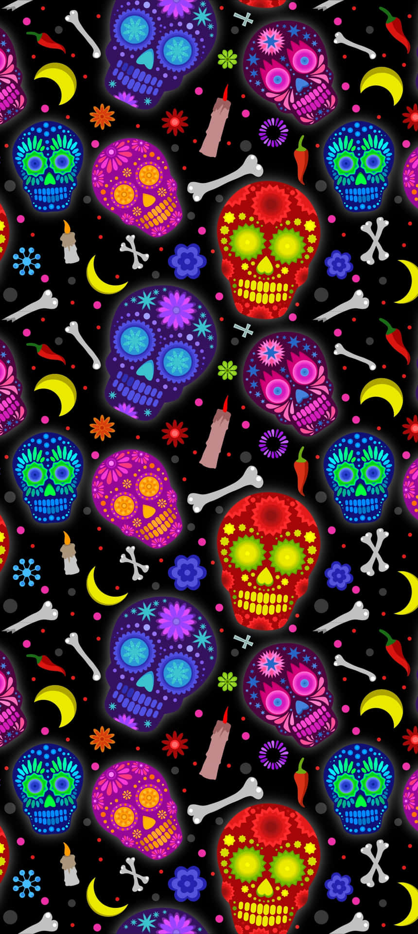 A Colorful Pattern Of Sugar Skulls On Black Background