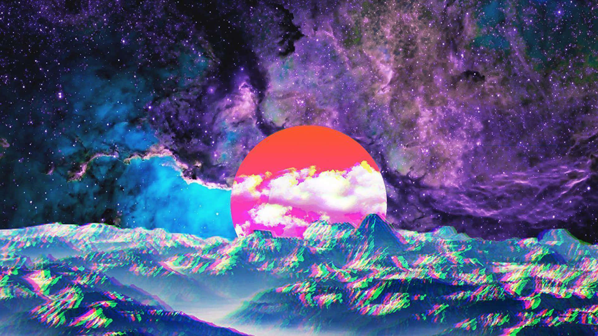 A Colorful Pixelated Image Of A Sun And Mountains Background