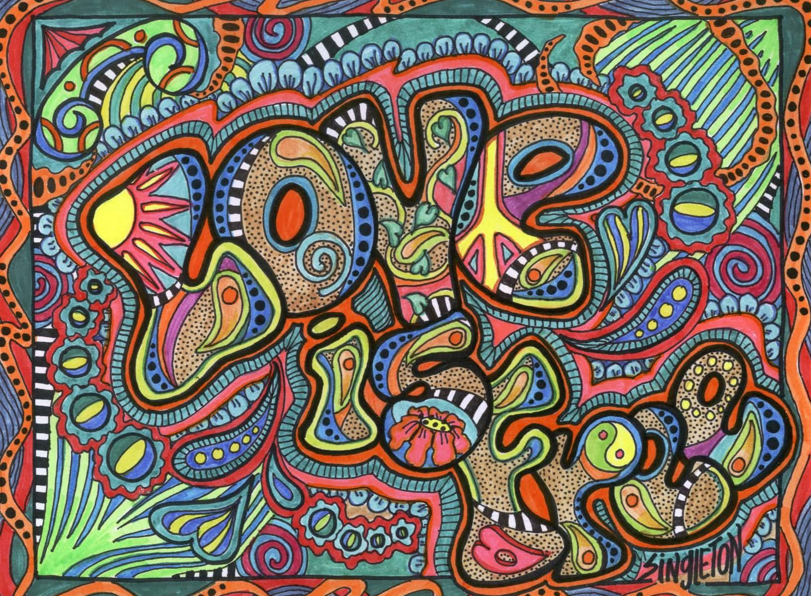 A Colorful Psychedelic Art Print With A Doodle Design Background