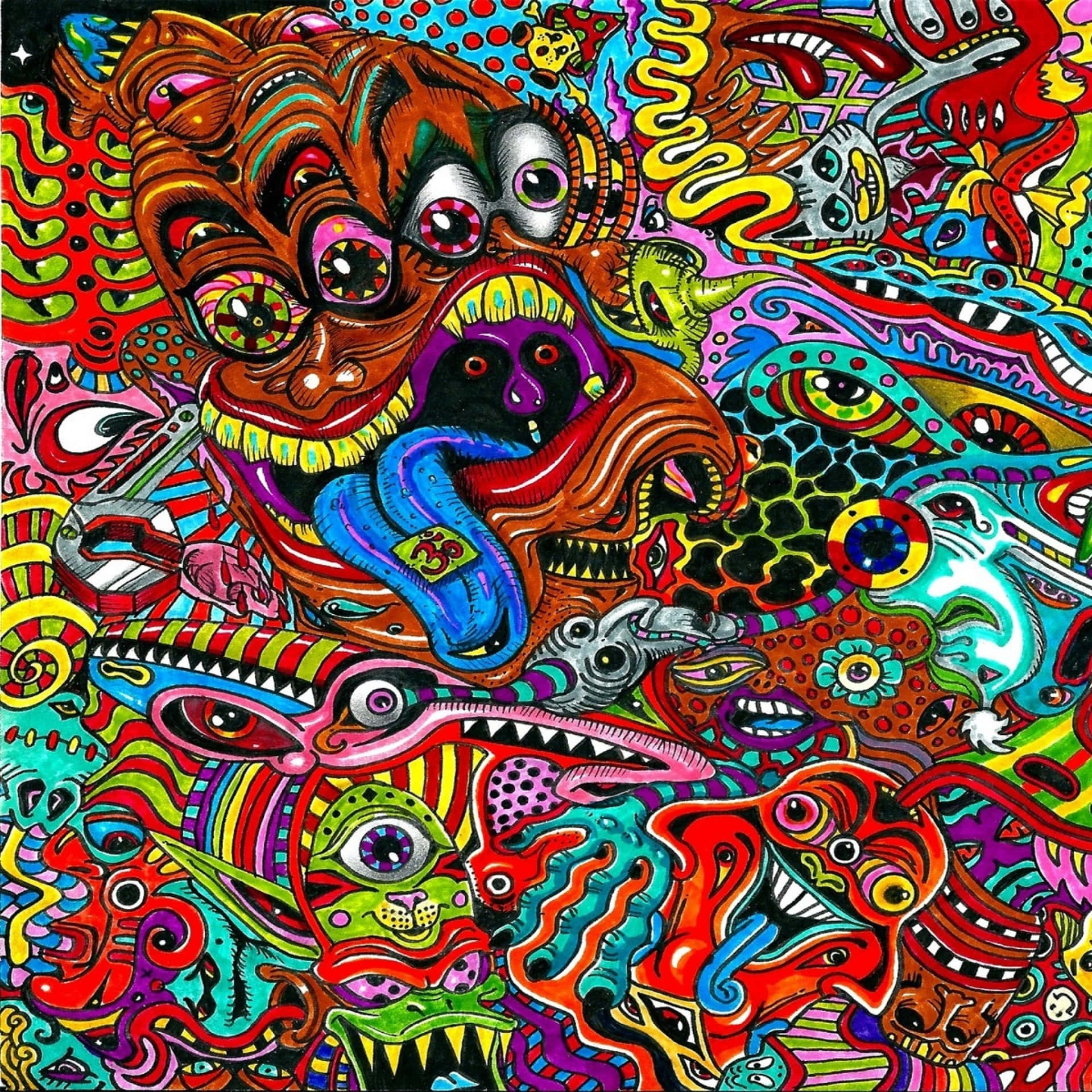 A Colorful Psychedelic Art Print With Many Different Colors Background