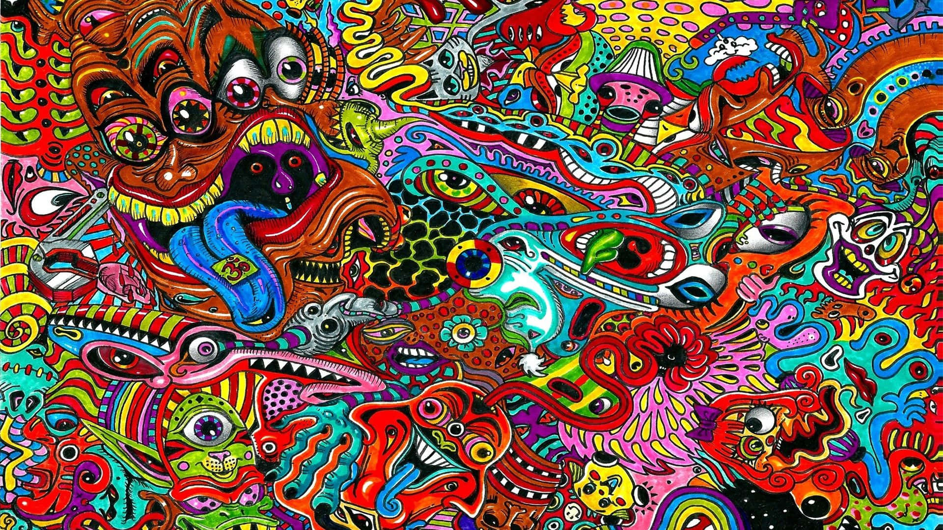 A Colorful Psychedelic Art Print With Many Different Colors Background
