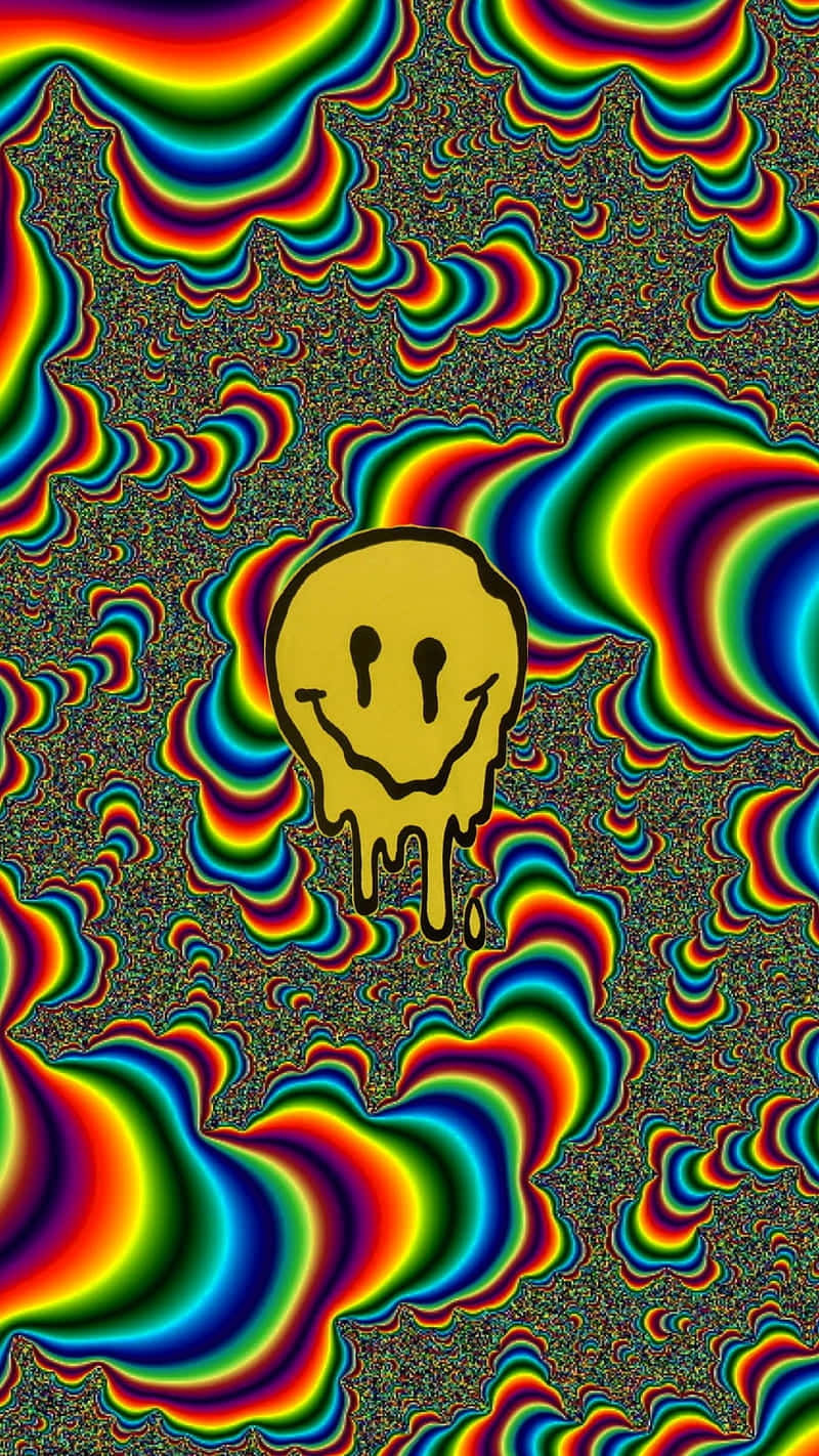 A Colorful Psychedelic Art With A Yellow Smiley Face Background