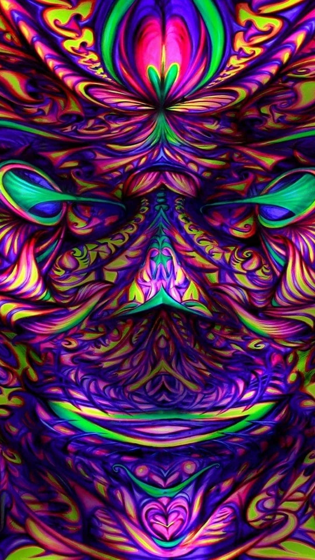 A Colorful Psychedelic Face With A Purple And Green Background Background