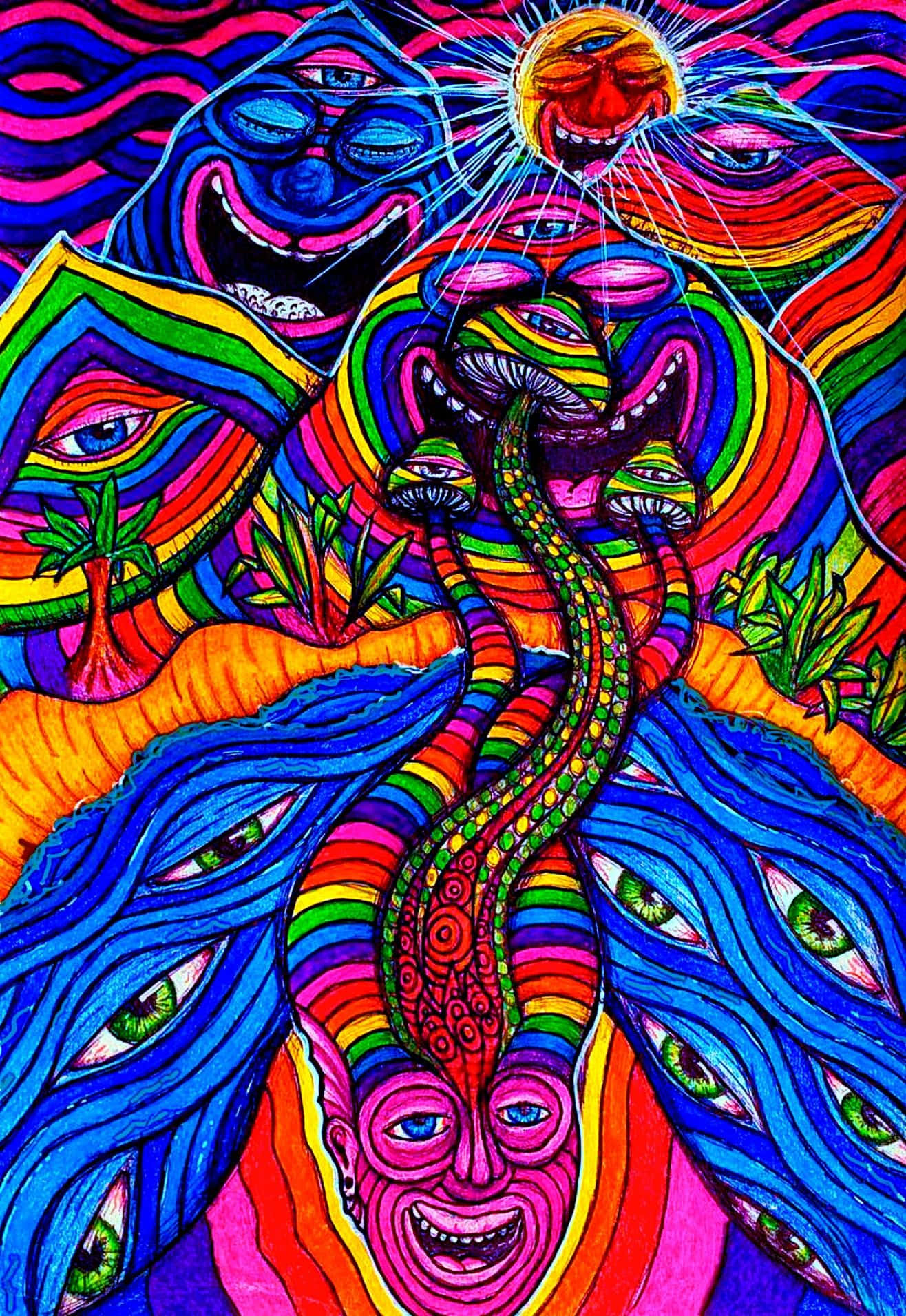 A Colorful Psychedelic Painting With A Rainbow And A Rainbow Background