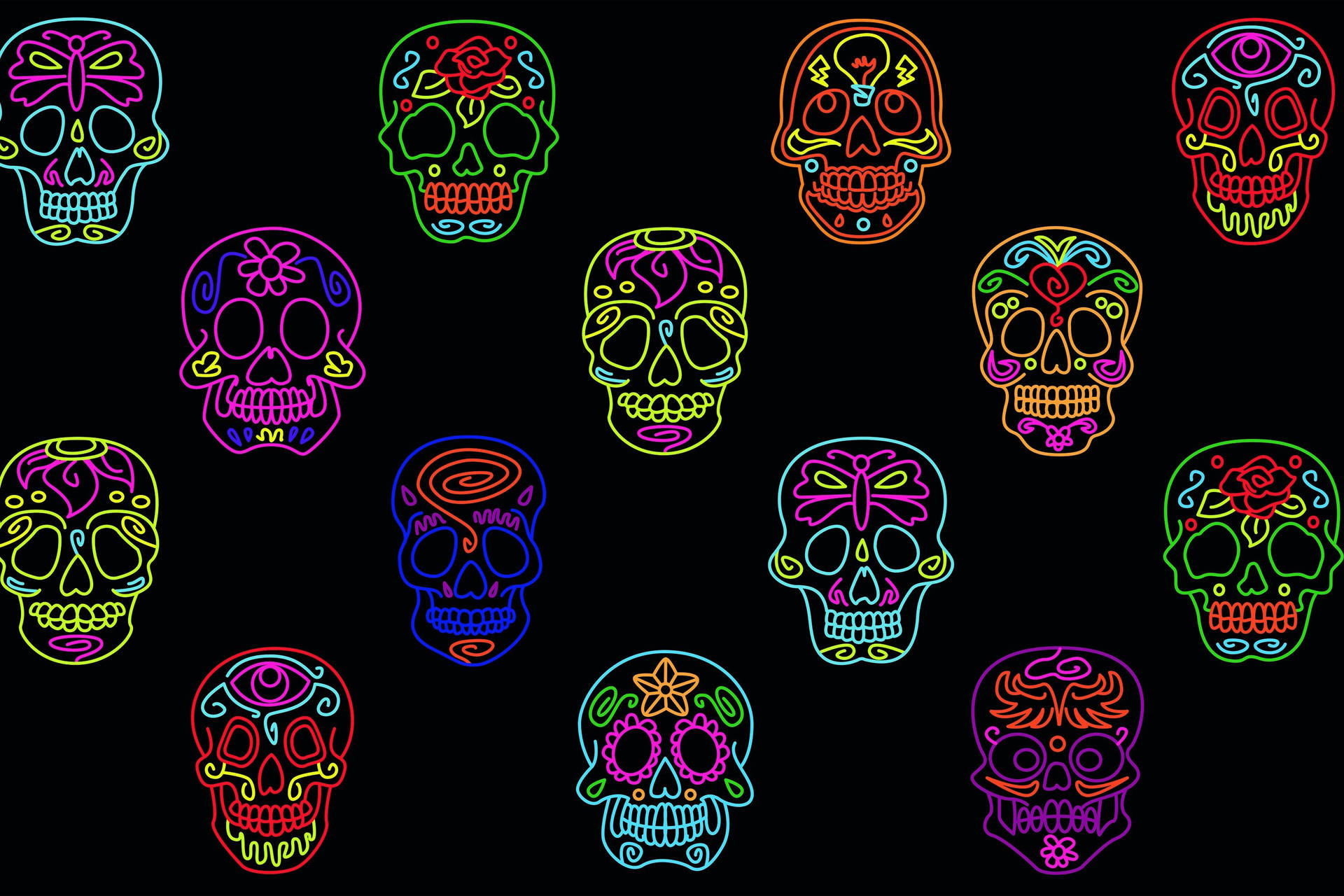 A Colorful Set Of Sugar Skulls On A Black Background Background