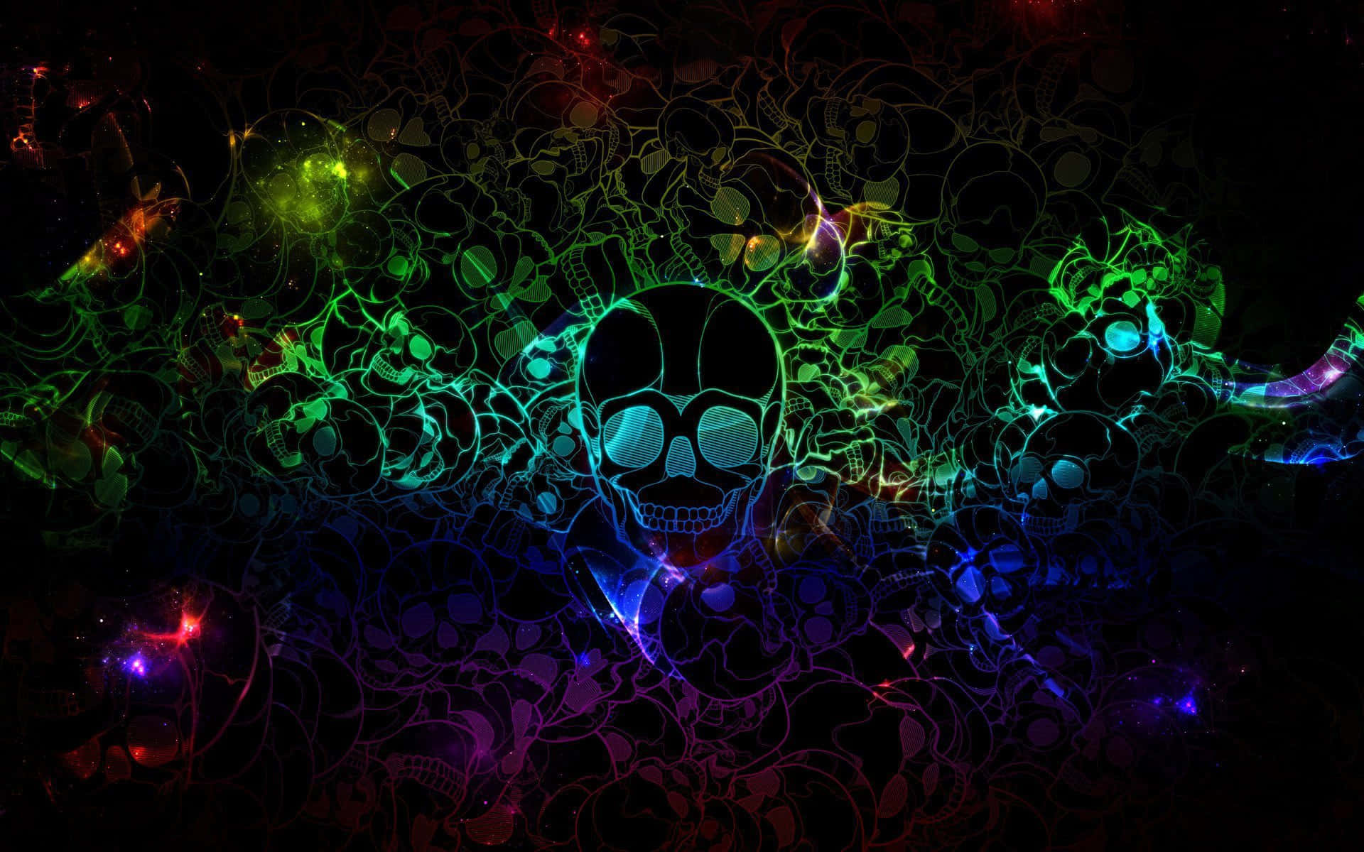 A Colorful Skull With Glowing Lights On It Background