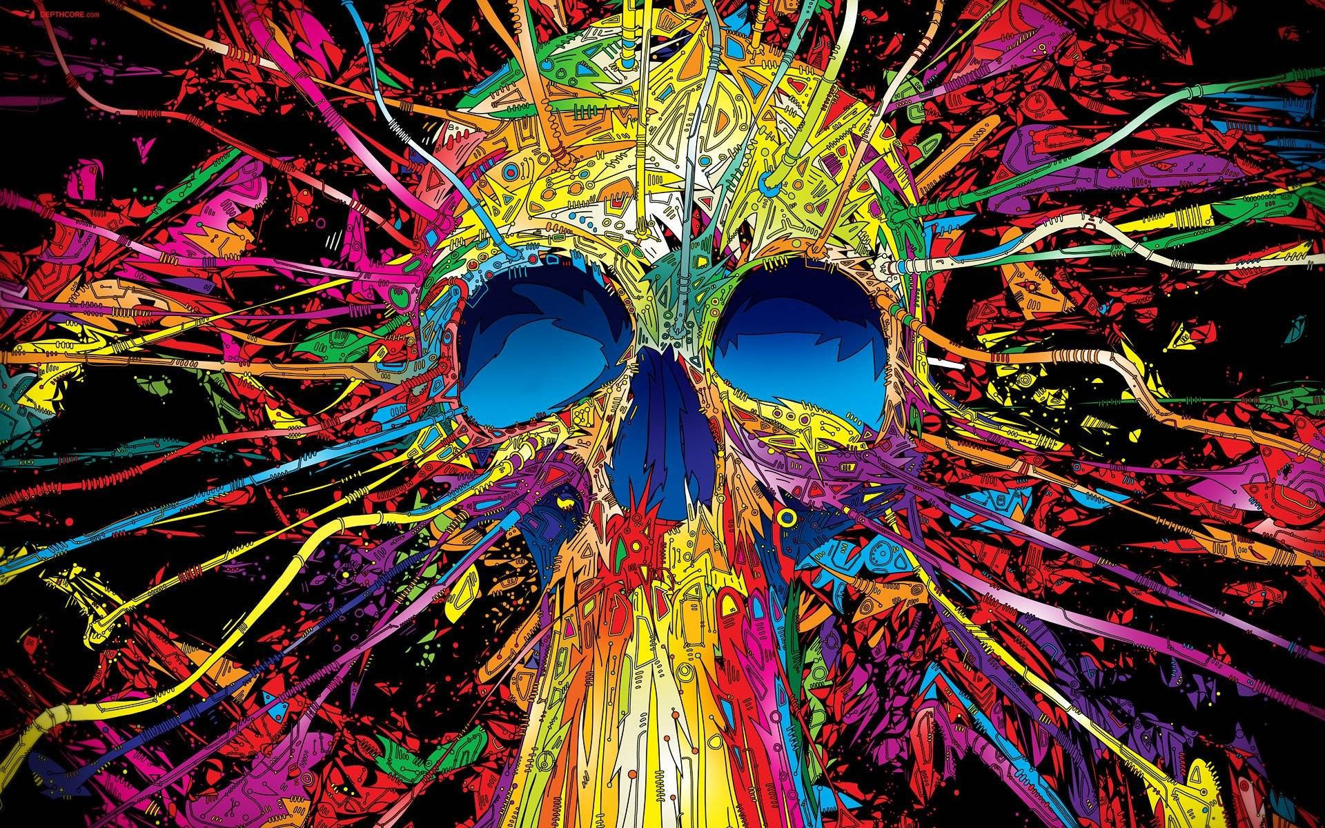 A Colorful Skull With Paint Splatters On It Background