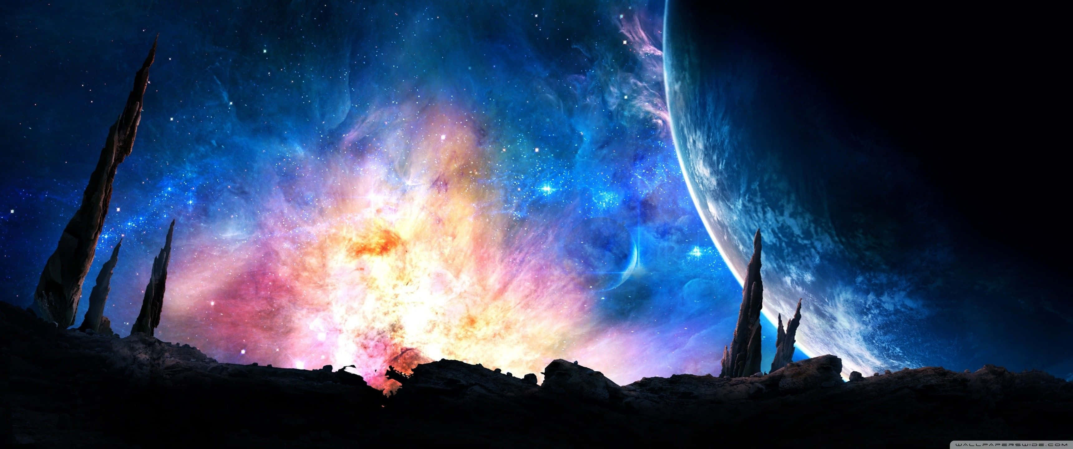 A Colorful Space Background With A Planet And Stars Background
