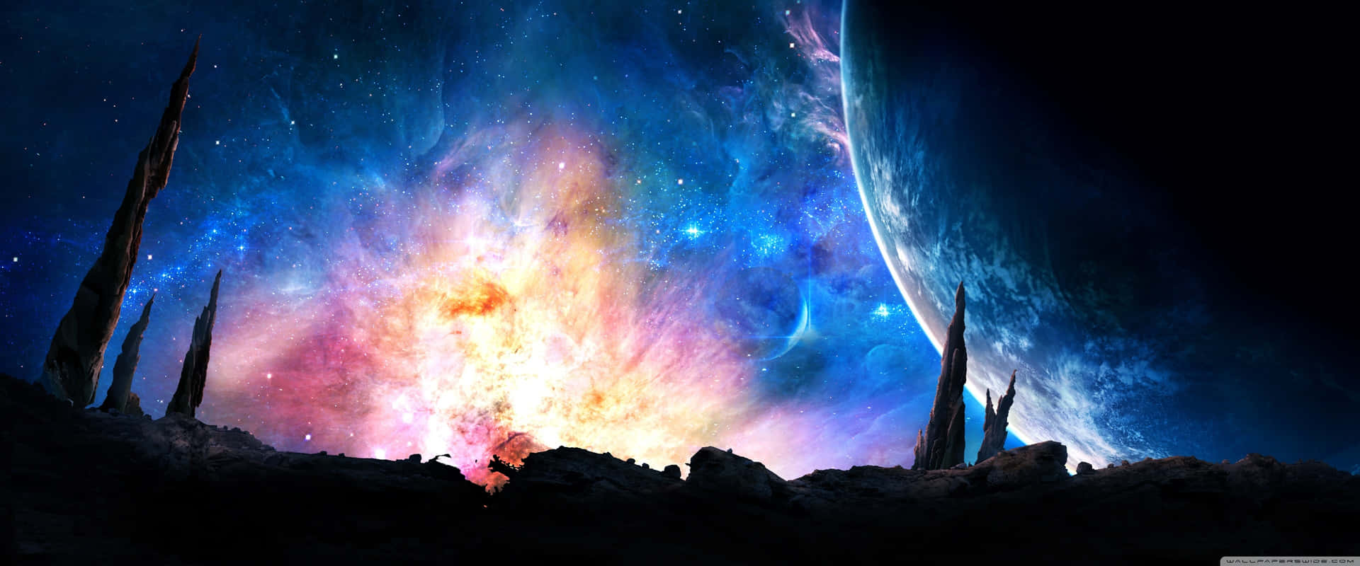 A Colorful Space Scene With A Planet And Stars Background
