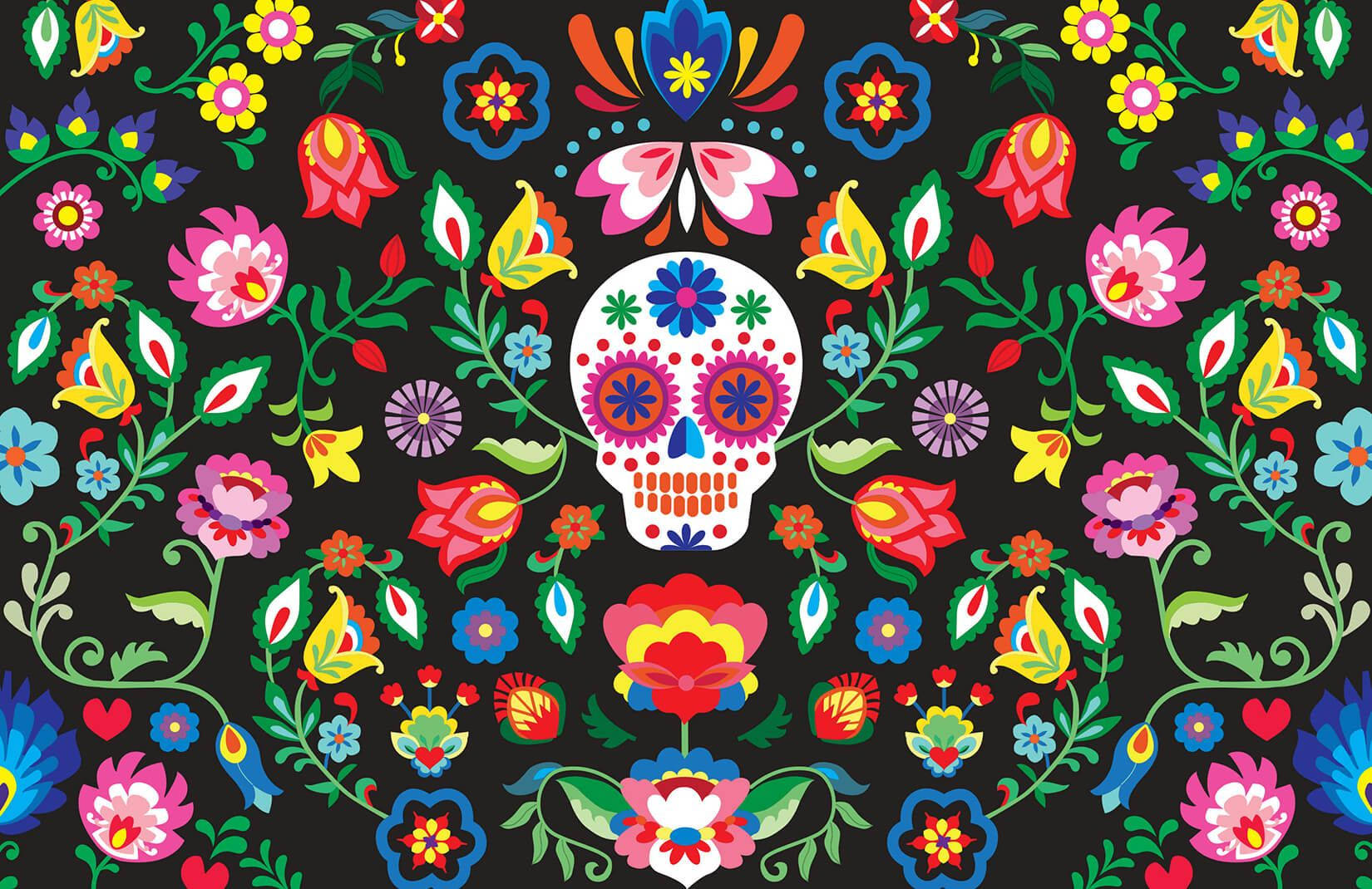 A Colorful Sugar Skull On A Black Background Background