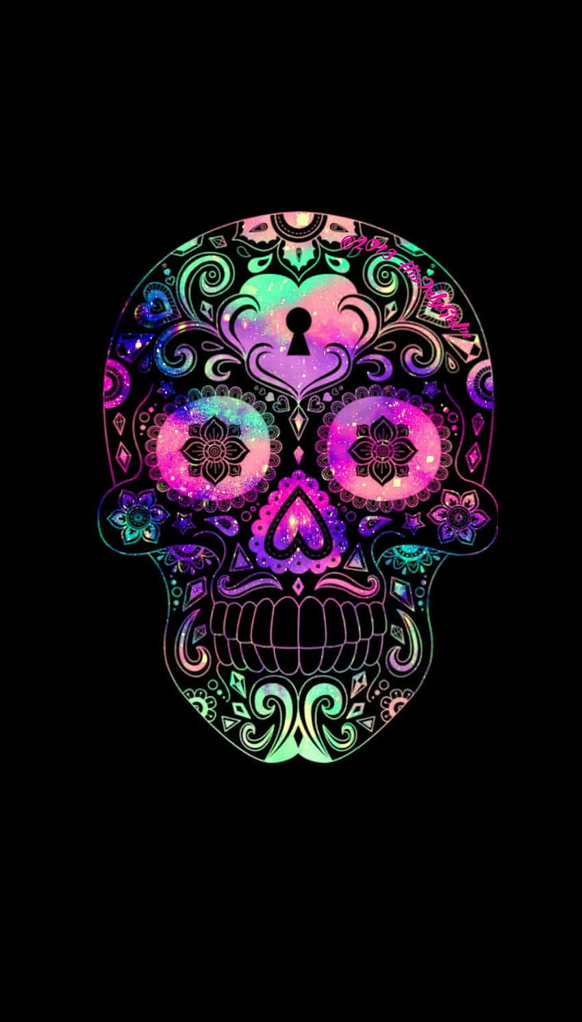 A Colorful Sugar Skull On A Black Background Background