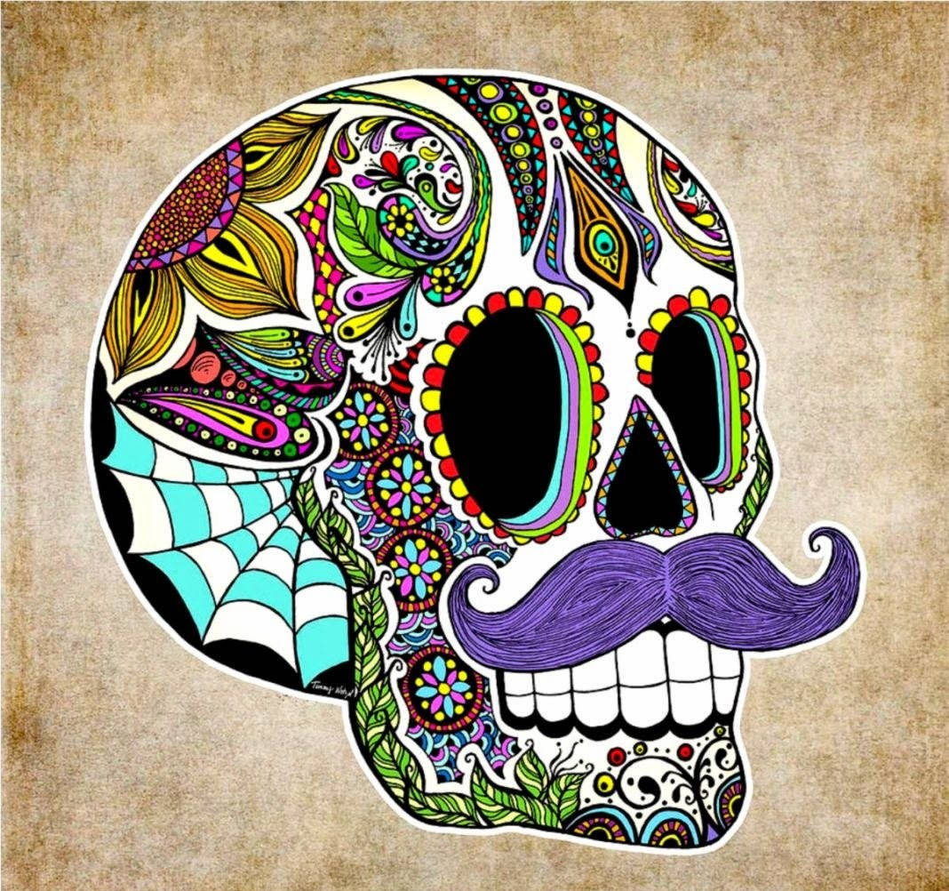 A Colorful Sugar Skull With A Mustache Background