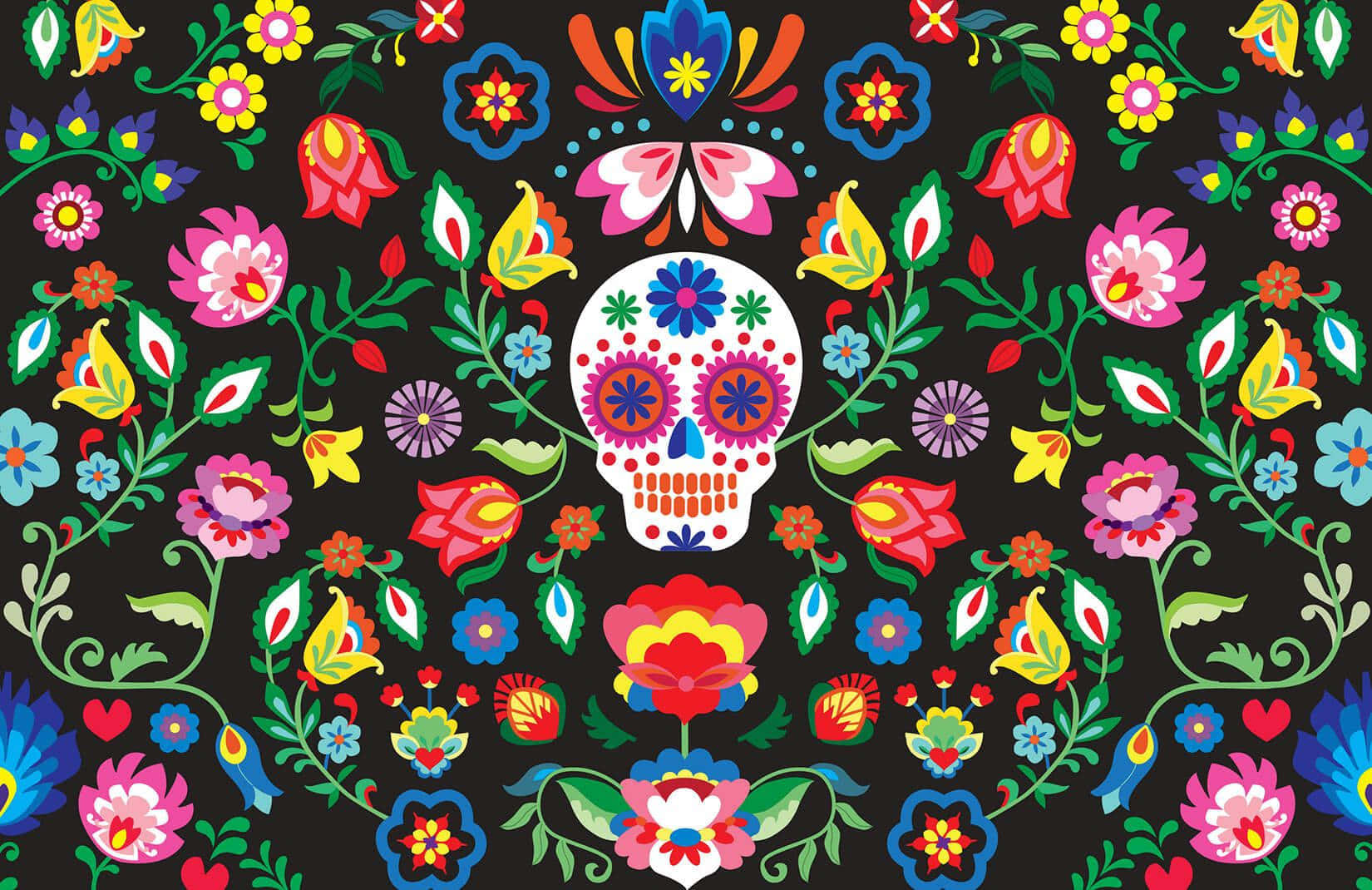 A Colorful Sugar Skull With Flowers On A Black Background Background