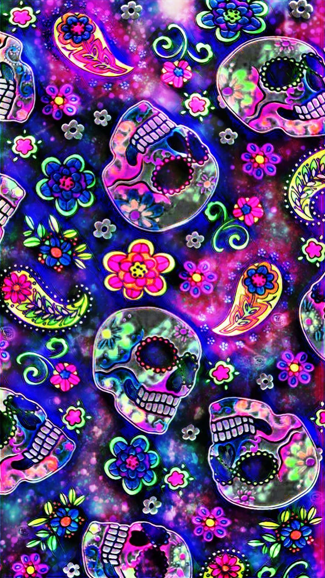 A Colorful Sugar Skulls And Flowers Pattern Background