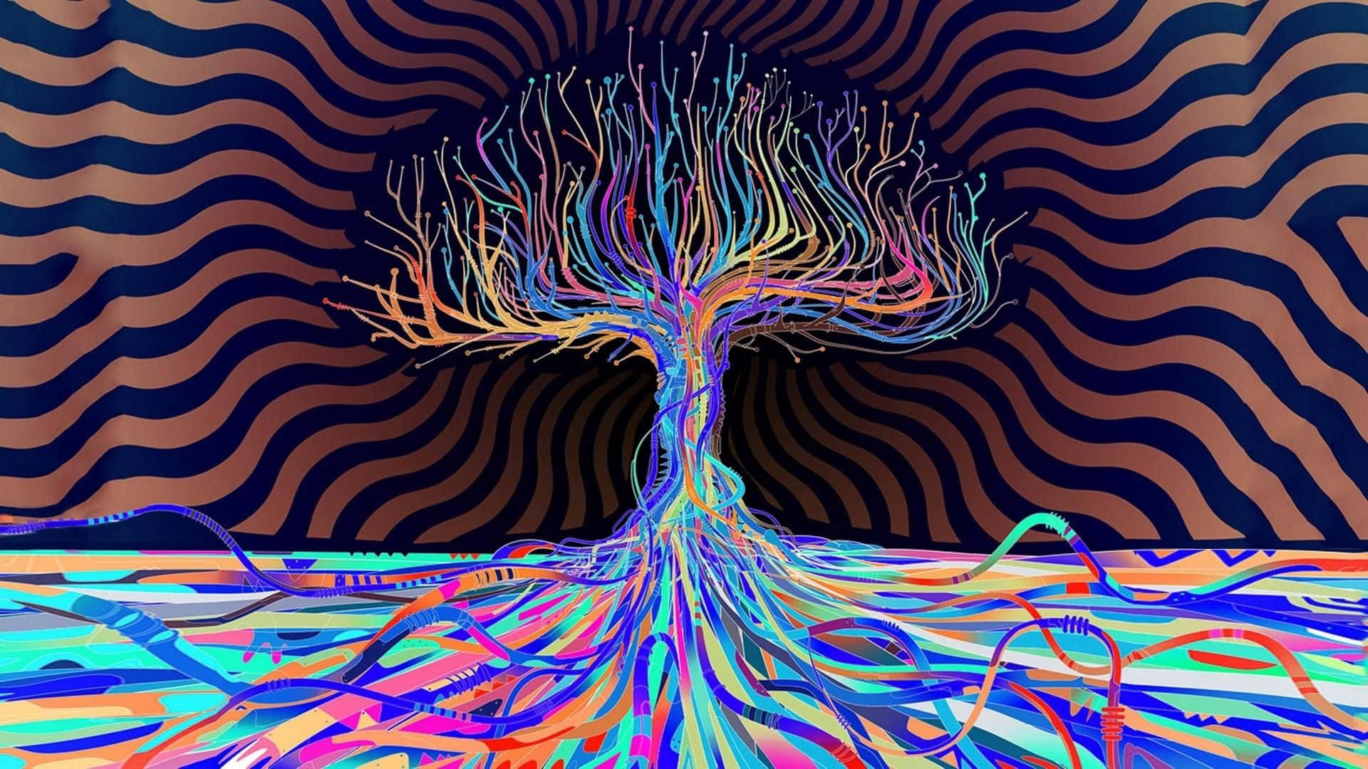 A Colorful Tree With Roots In The Middle Of A Striped Background Background