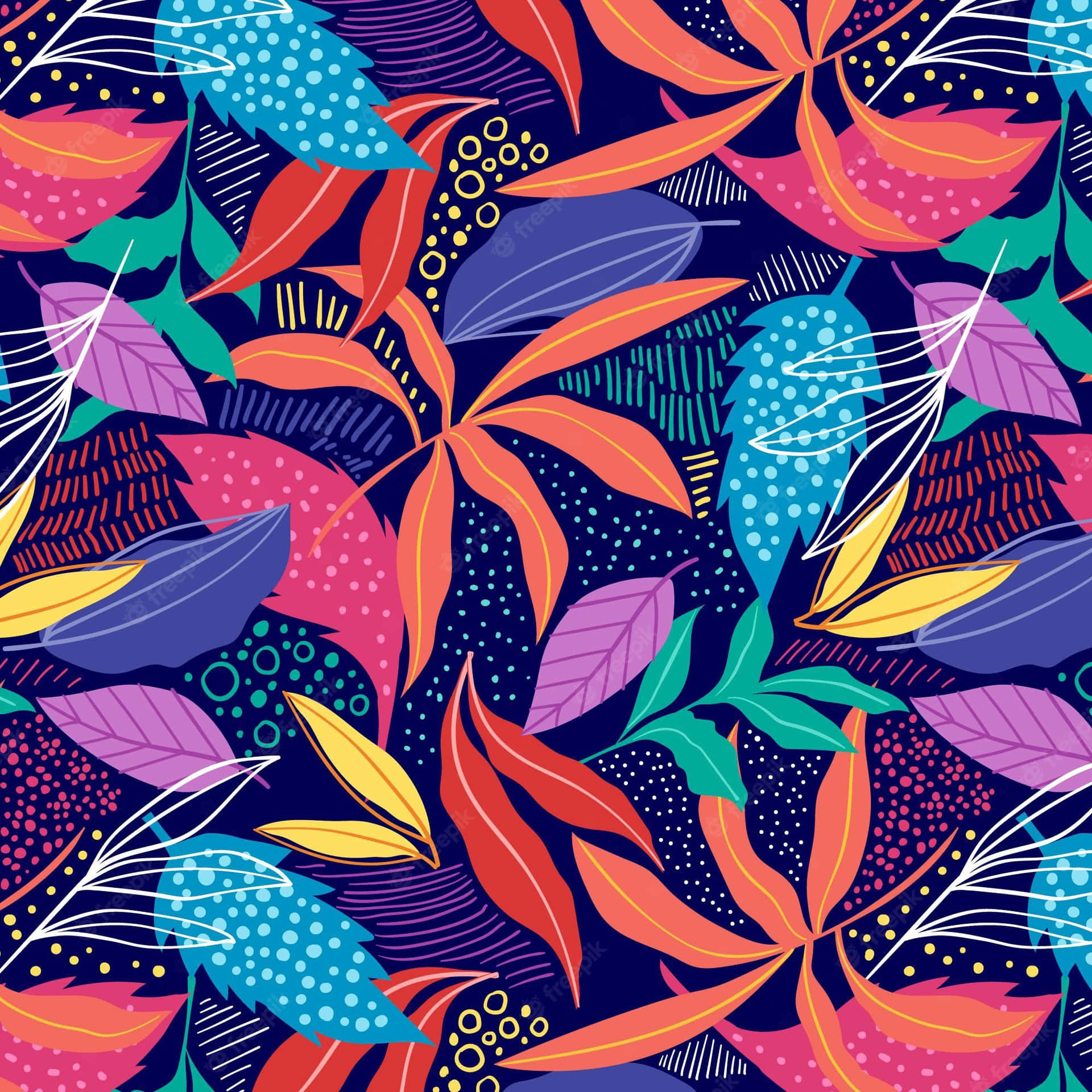A Colorful Tropical Pattern With Leaves And Flowers Background