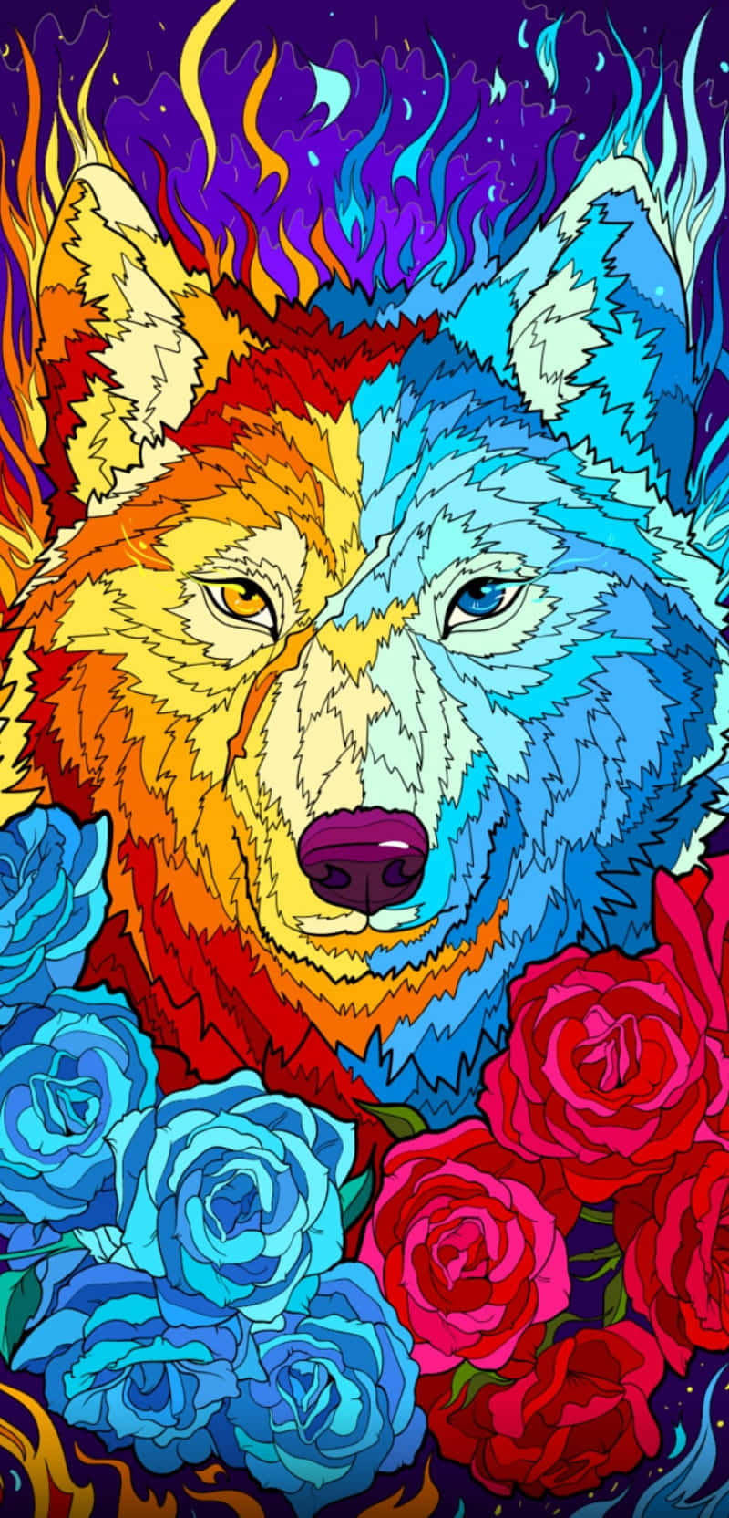 A Colorful Wolf With Roses On His Head