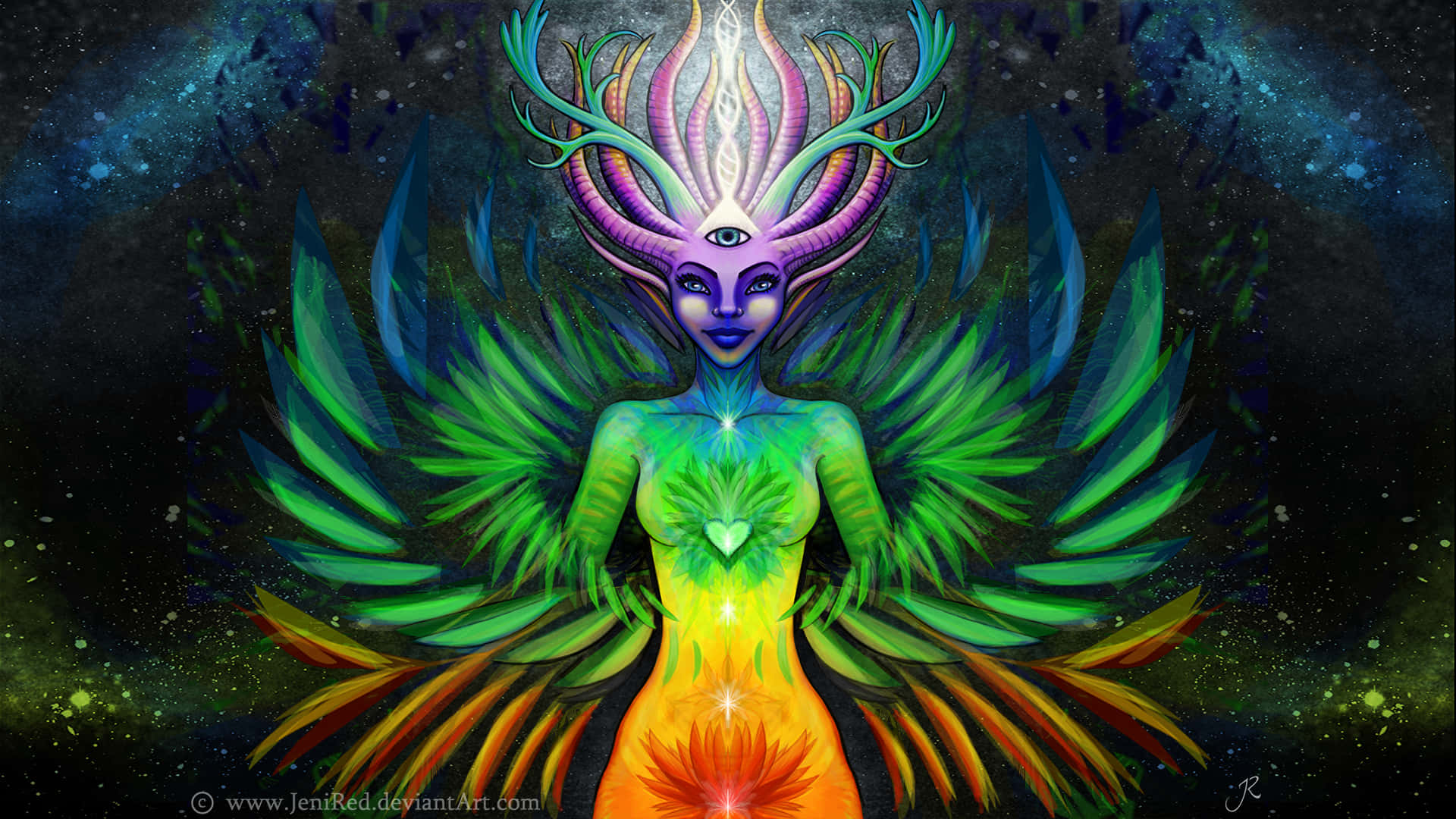 A Colorful Woman With Wings And A Rainbow Background Background