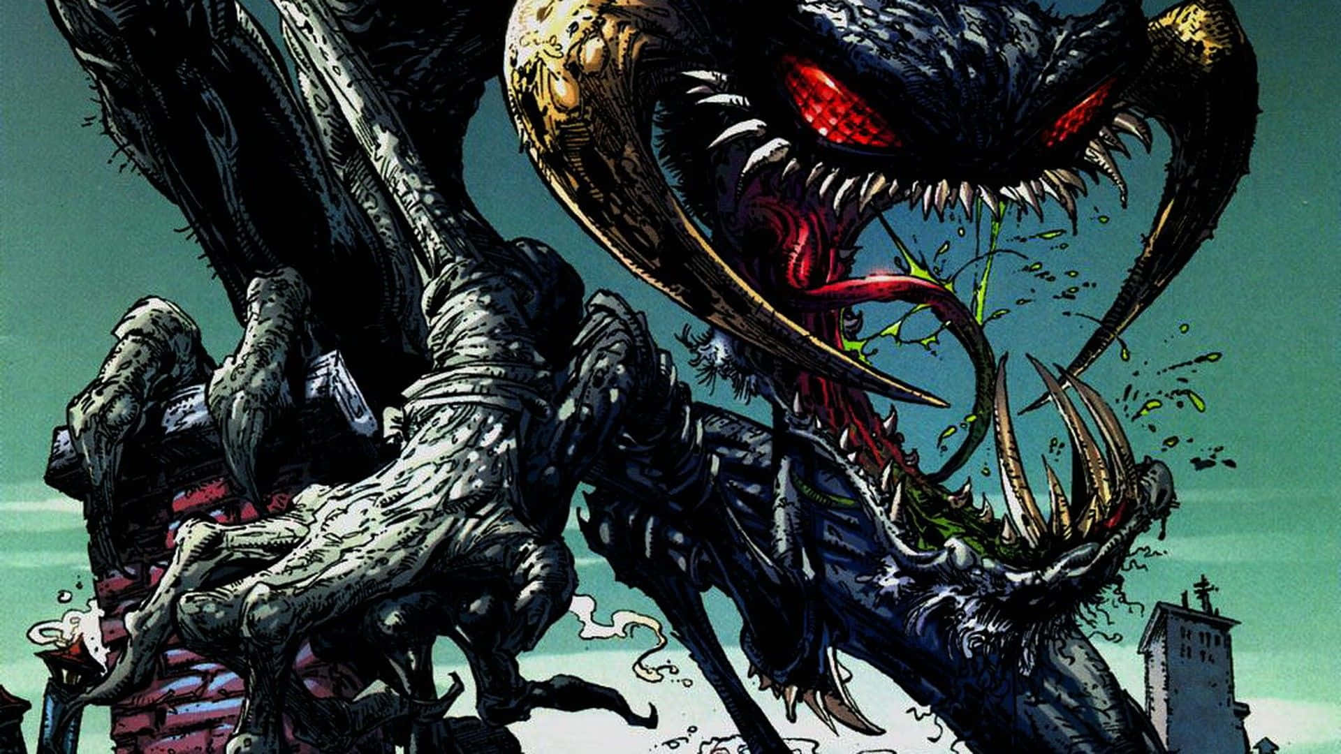 A Comic Book Cover With A Large Monster Background