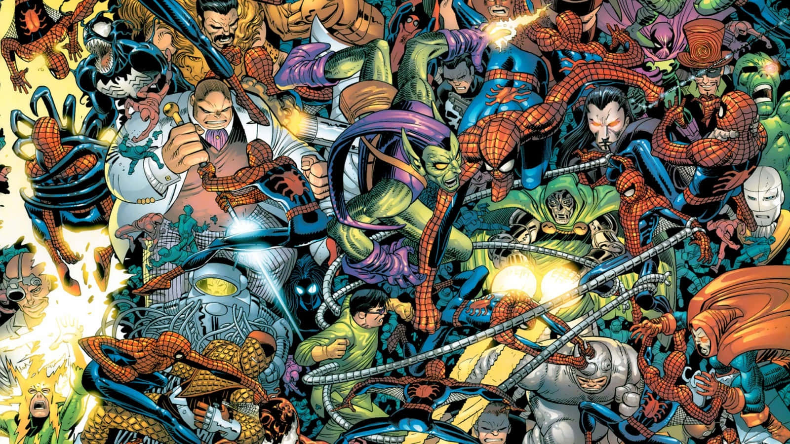 A Comic Book Cover With Many Characters Background