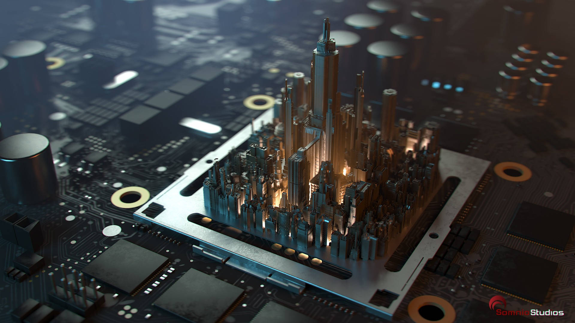 A Computer Board With A City On Top Background