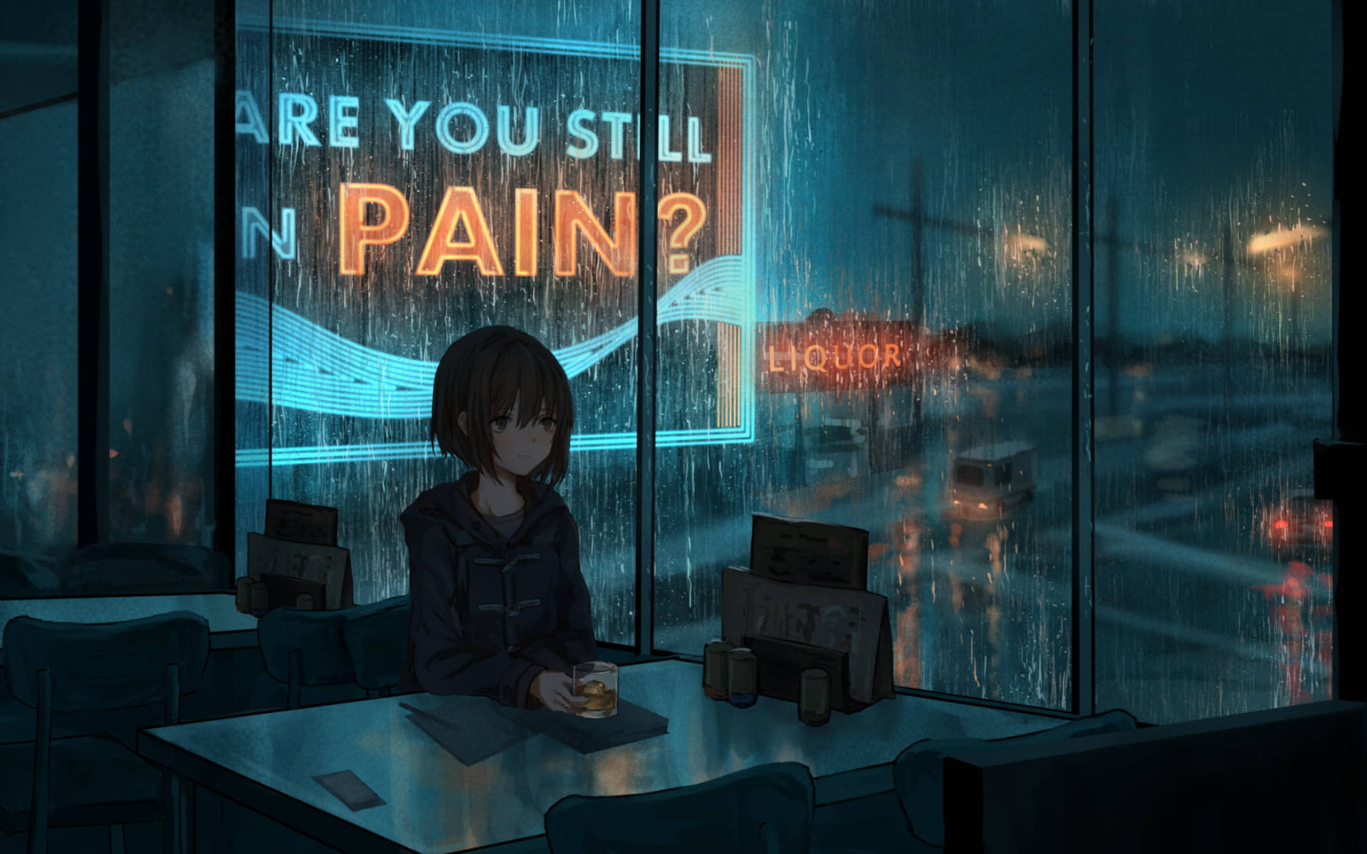 A Contemplative Anime Girl Alone In A Cozy Café Background