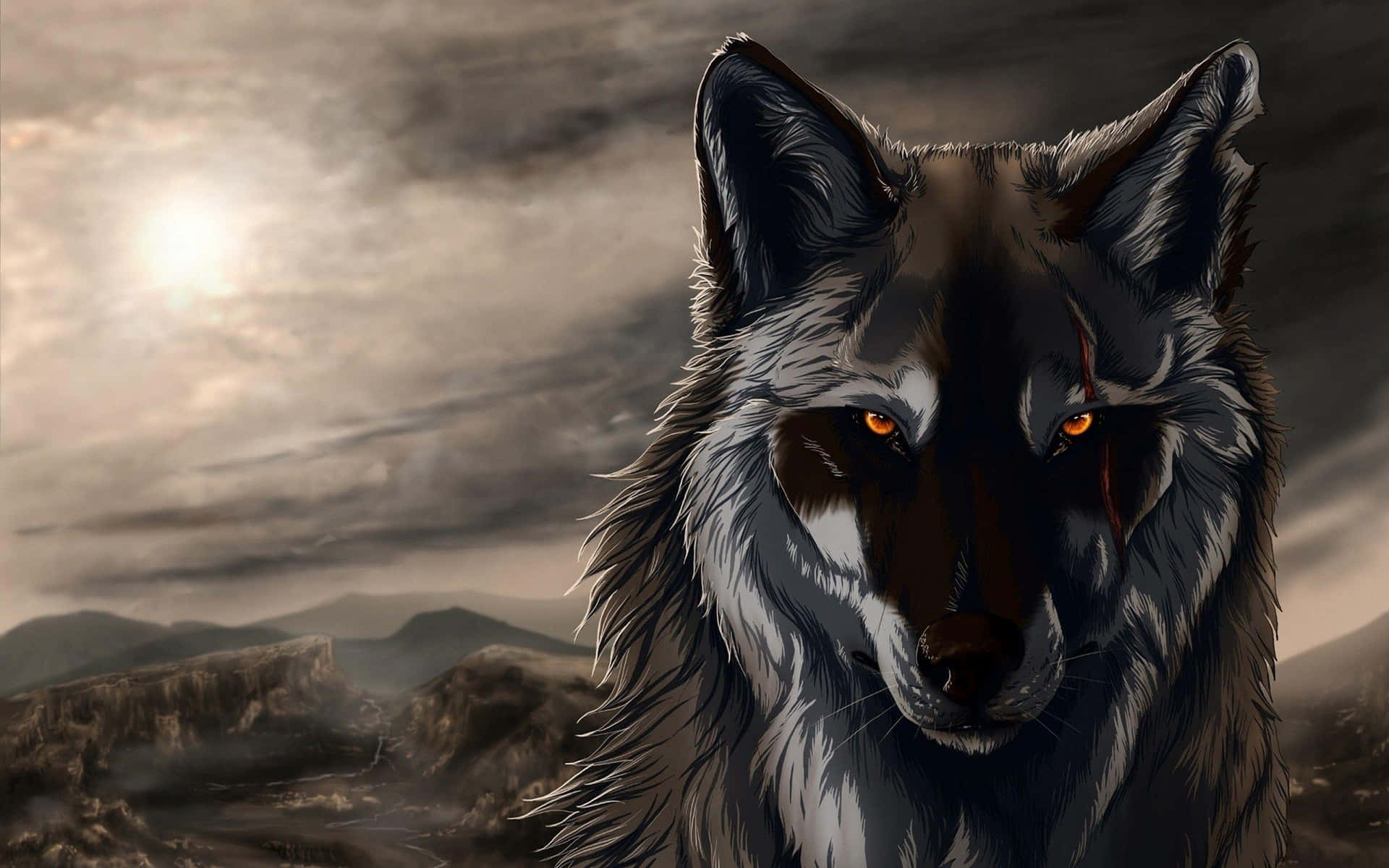 A Cool Anime Wolf Standing Majestically Against A Dark Moonlit Sky Background