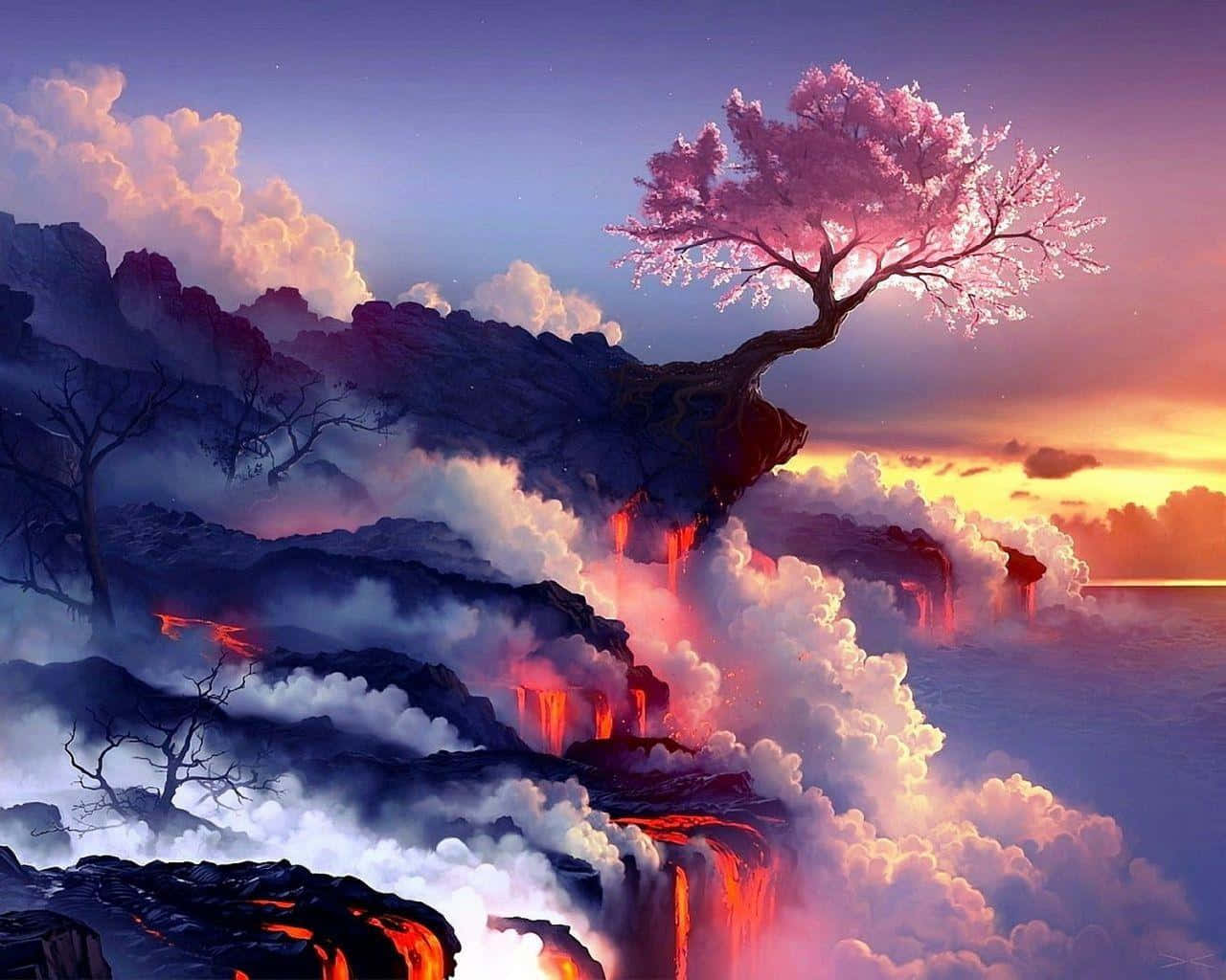 A Cool Japanese Tree On A Cliff Background