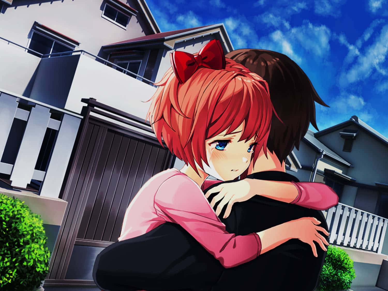 A Couple Hugging In Front Of A House Background