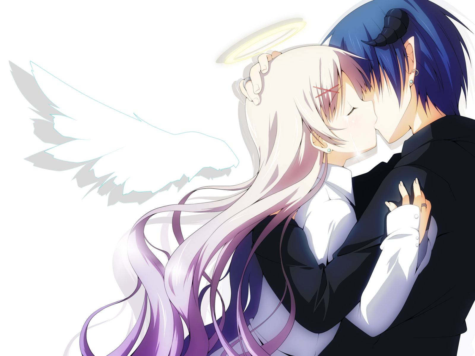 A Couple Hugging With Wings And Blue Hair Background