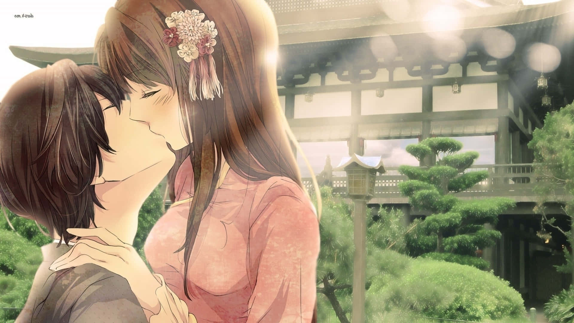 A Couple Kissing In Front Of A Building Background
