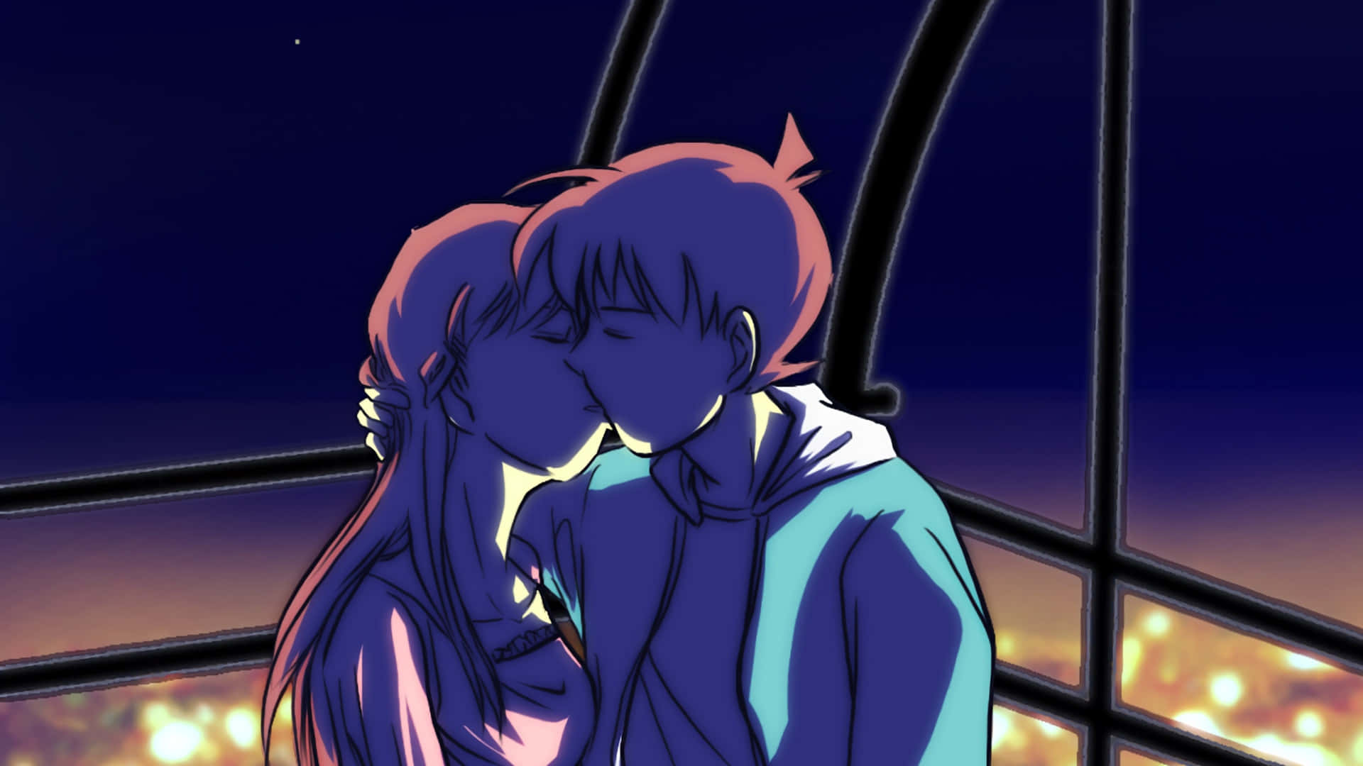 A Couple Kissing In Front Of A City Background