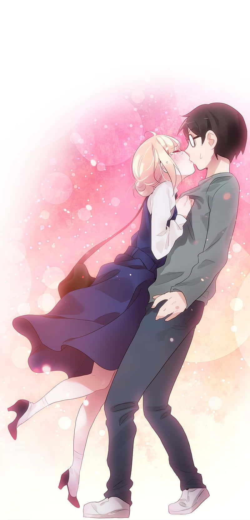 A Couple Kissing In Front Of A Pink Background Background