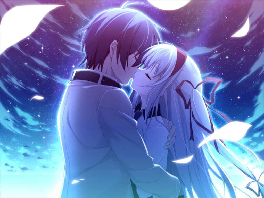 A Couple Kissing In Front Of A Starry Sky Background